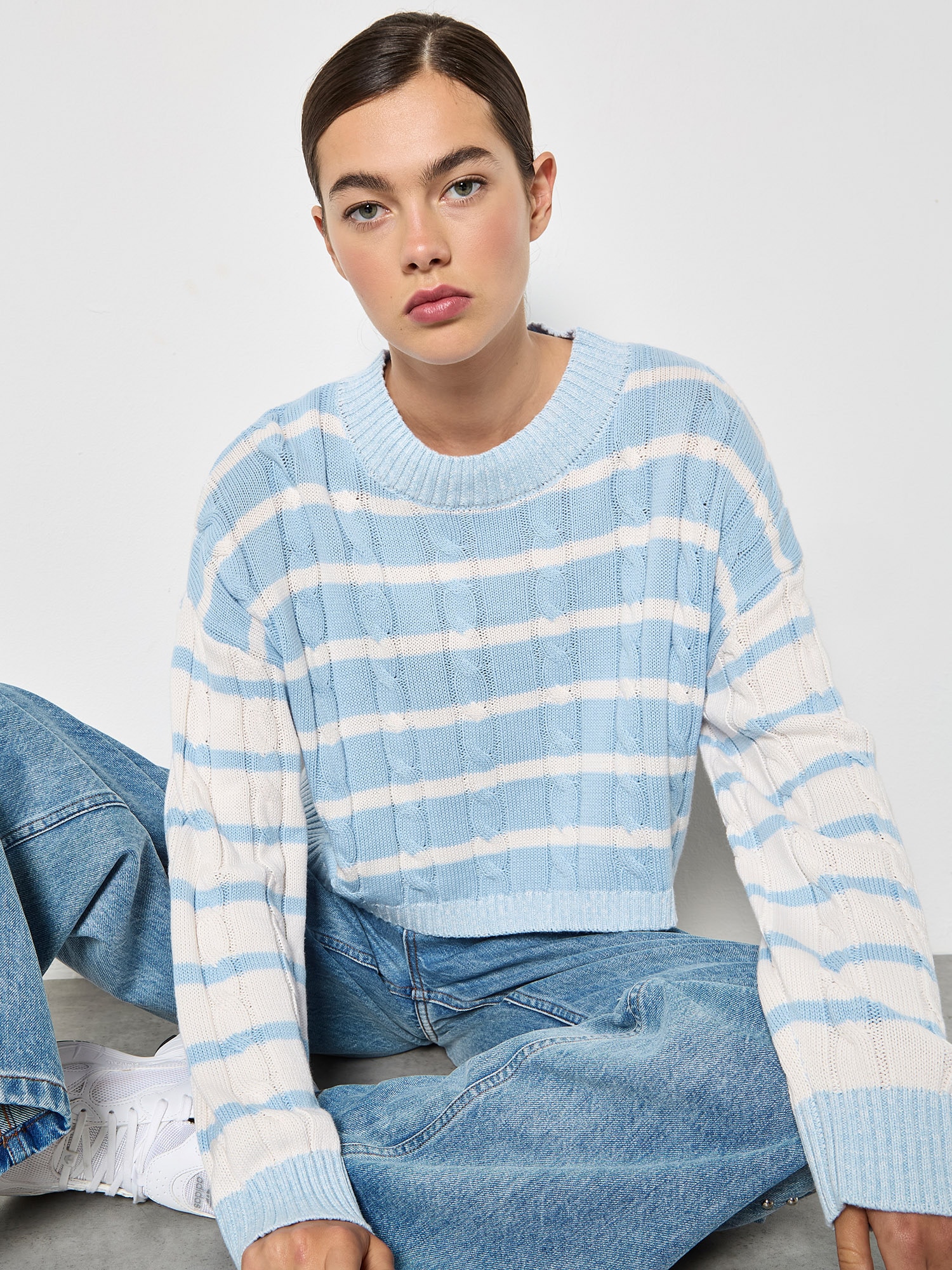 Apricot Streifenpullover "Kurzer Pullover" mit Zopfmuster und Kontraststreifen