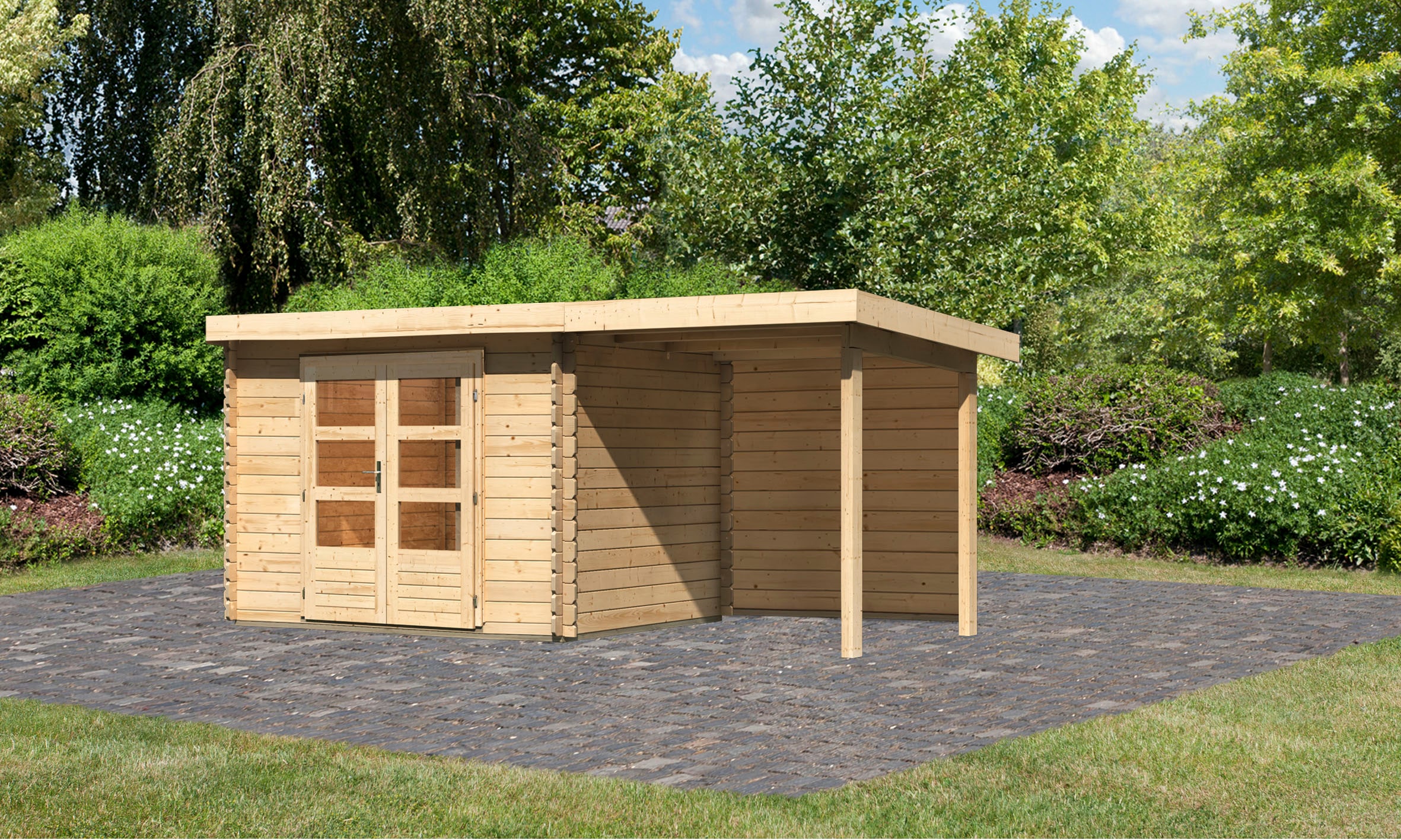 Karibu Gartenhaus "Schloßsee 3" mit Anbaudach und Rückwand günstig online kaufen