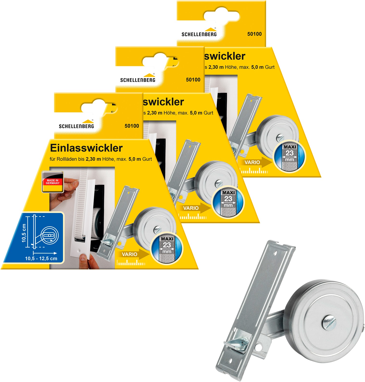 SCHELLENBERG Einlass-Gurtwickler "für das Rollladensystem Maxi, Lochabstand 10,5 cm, Unterputz-Montage" Set, 3 Stk. tlg. für Rollladengurte mit 23 mm Breite