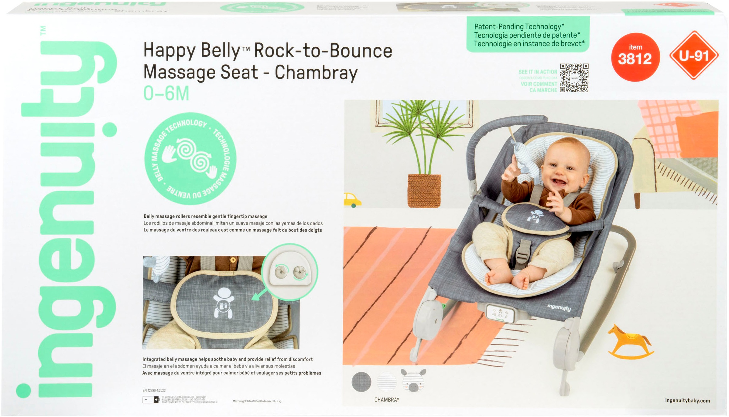 ingenuity Babywippe »Happy Belly™ Rock-to-Bounce Massage Seat - Chambray«, bis 9 kg, mit Melodien und Geräuschen