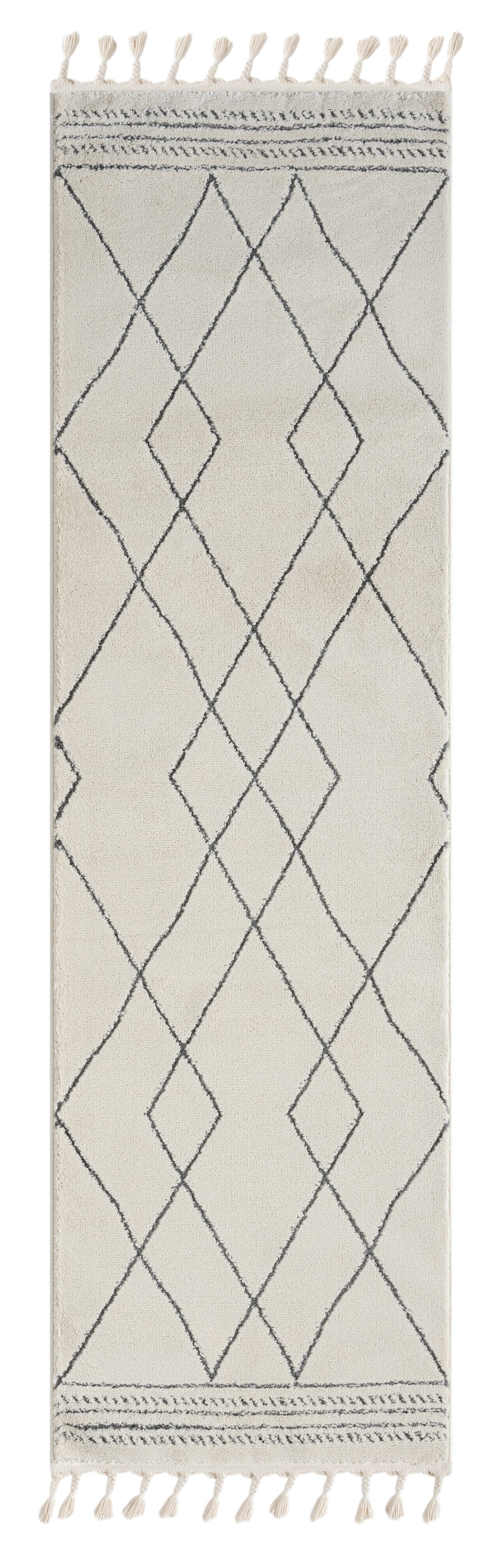 Hochflor-Läufer "Moroccan Design", grau (weiß, grau), B:80cm H:24mm L:250cm, Polyester, Polypropylen (PP), MYFLAIR MÖBEL & ACCESSOIRES, Teppiche, Fransenteppich, modern, marokkanisches Design, Rauten Muster, weich, mit Fransen