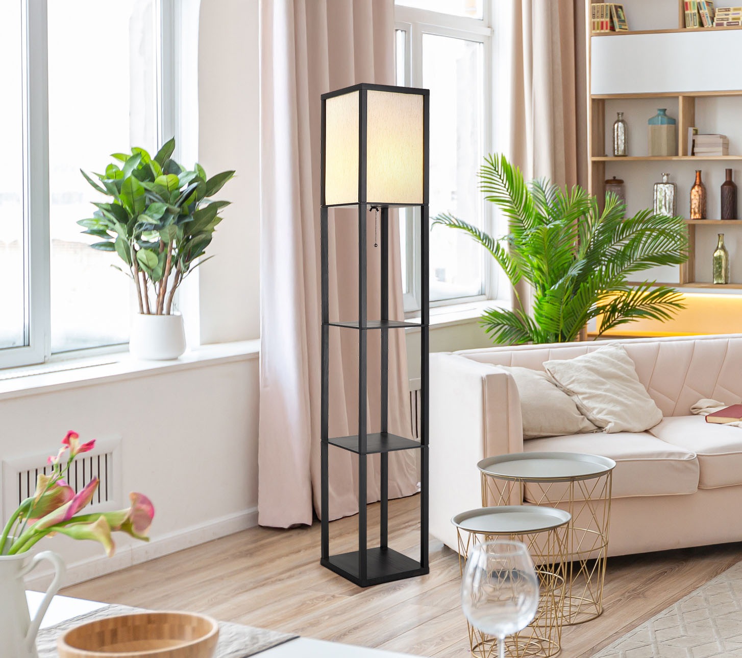 GLOBO LIGHTING Stehlampe »TABITHA« E27 1 Stk. Stehleuchte Holz schwarz, Leinen natur, E27, Zugkettenschalter