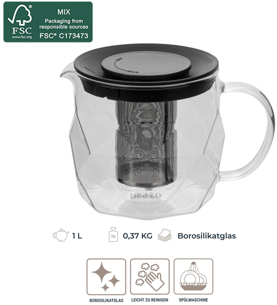 RESTO Kitchenware Teekanne »Ain, hitzebeständige Glaskanne im 3D Design, Höhe 12 cm«, 1 l, (4 St.), mit herausnehmbarem Filtersieb aus Edelstahl, im Geschenkkarton
