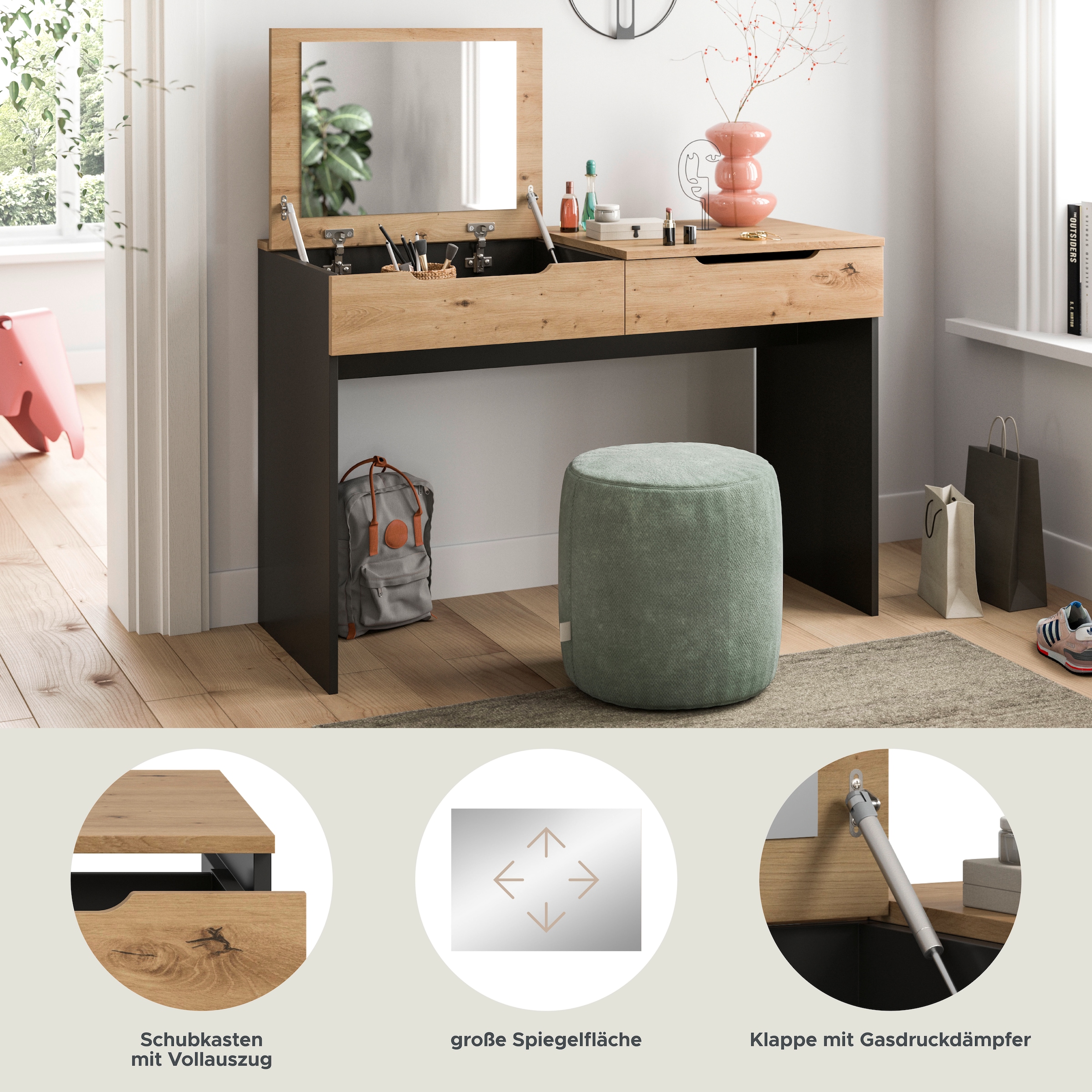 Home affaire Schminktisch »REHAT, TOPSELLER!, Breite 115cm, 1 Schubkasten, Klappe inkl. Spiegel« Konsolentisch, Tisch, Klapptisch, Anrichte, Sekretär, Kommode