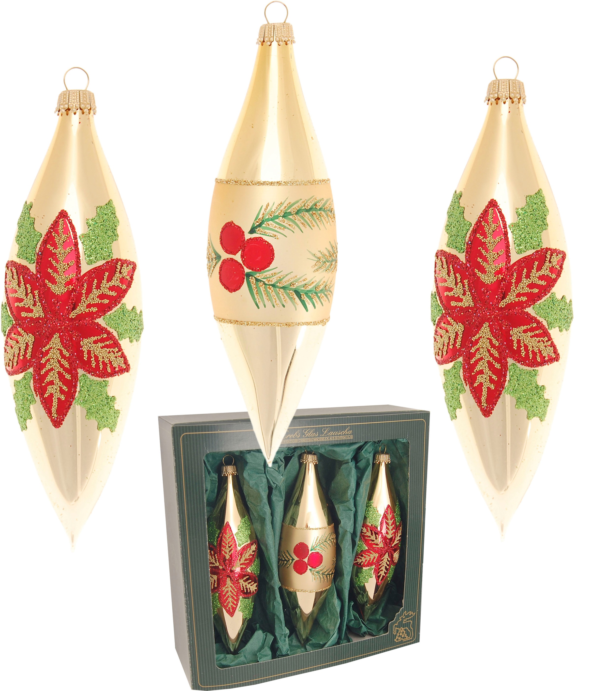 Christbaumschmuck "Weihnachtsstern & Beeren, in Olivenform", B:4,5cm H:14,8cm T:4,5cm, gold, KREBS GLAS LAUSCHA, Weihnachtsbaumschmuck,