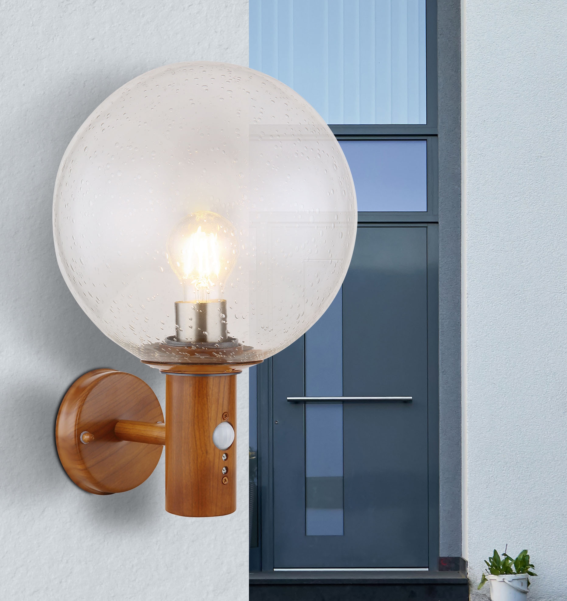 GLOBO LIGHTING Außen-Wandleuchte »OSSY«, Leuchtmittel E27 | ohne Leuchtmittel, Außenlampe/holzoptik/IP44/Terrasse/Wand/Glas/Sensor