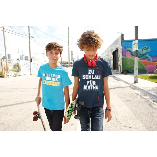KIDSWORLD T-Shirt »WECK MICH VOR DER PAUSE«, Spruch online bestellen | BAUR