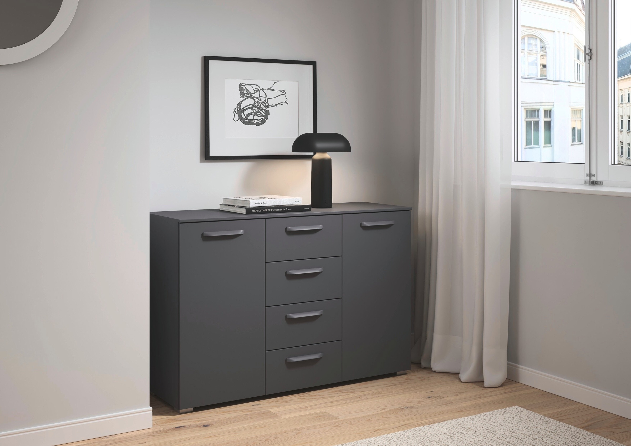 OTTO home Kombikommode "Kommode Sideboard Schubladenkommode Schlafzimmerkommode OTELI" Breite 120 cm inkl. SOFT-CLOSE-FUNKTION, mit moderner Dekor-Front, vier große Schubladen und 2 Türen, mit 4 Einlegeböden MADE IN GERMANY