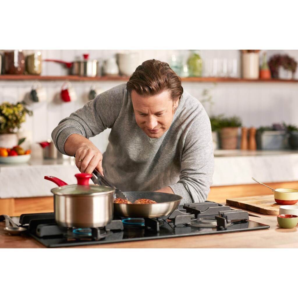Tefal Topf-Set »Jamie Oliver Mainstream«, Edelstahl, (Set, 8 tlg.), H801S5, 2 Pfannen, 1 Kochtopf mit Deckel, 2 Stielkasserollen mit Deckel, induktionsgeeignet, für alle Herdarten, Edelstahl/Rot