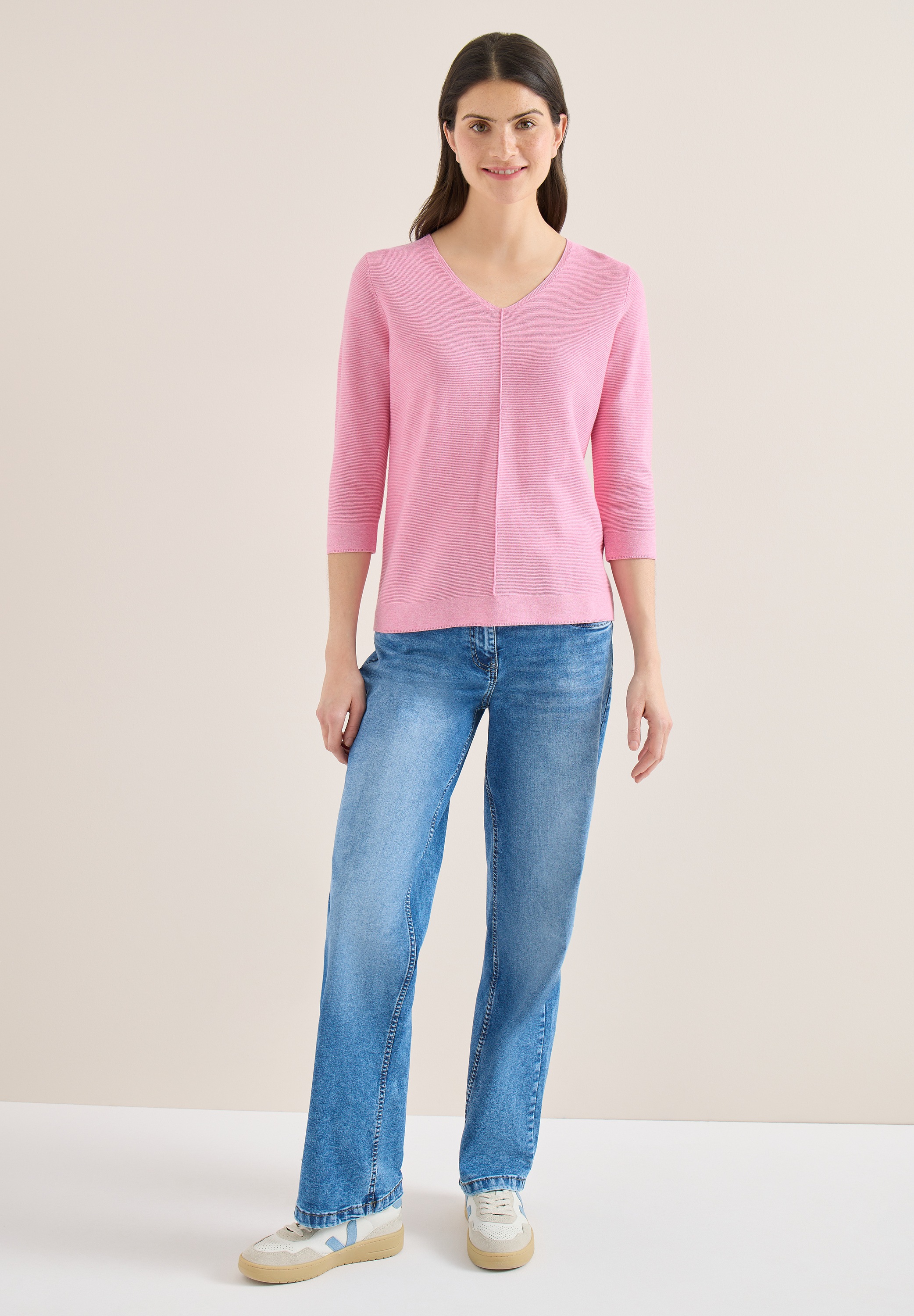 Strickpullover CECIL, Damen, Gr. M (40), flamingo rose, Strick, Obermaterial: 60% Baumwolle, 40% Viskose, unifarben, lässig geschnitten hüftbedeckend, V-Ausschnitt, abgesteppte Kante, Pullover Strickpullover, 3/4-Arm mit Viskose 3