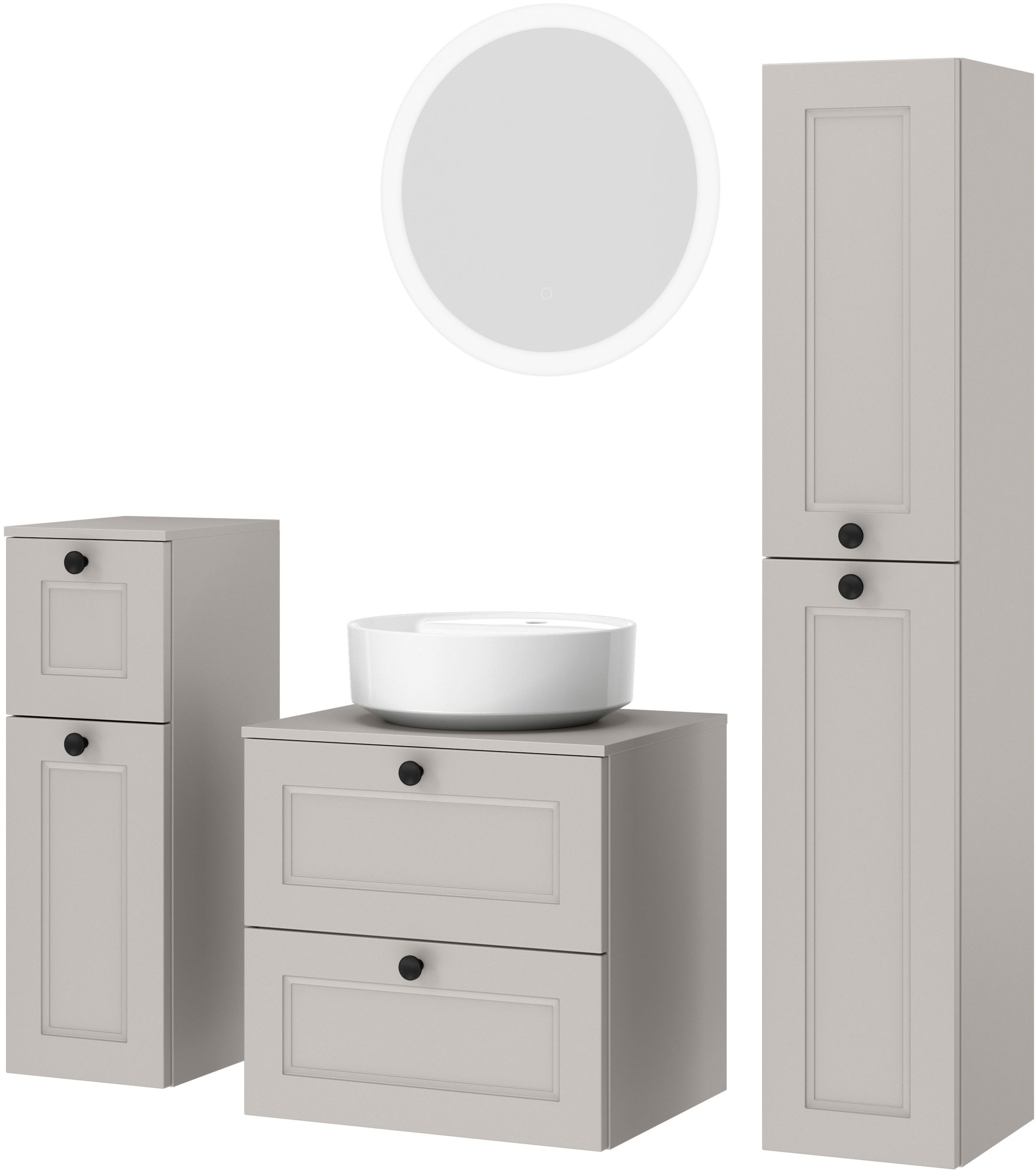 nobilia® Badmöbel-Set »Cascada« Set, inkl.  Aufsatzwaschbecken und beleuchtetem  Spiegel mit Touch-Sensor, 4 Stk. tlg.