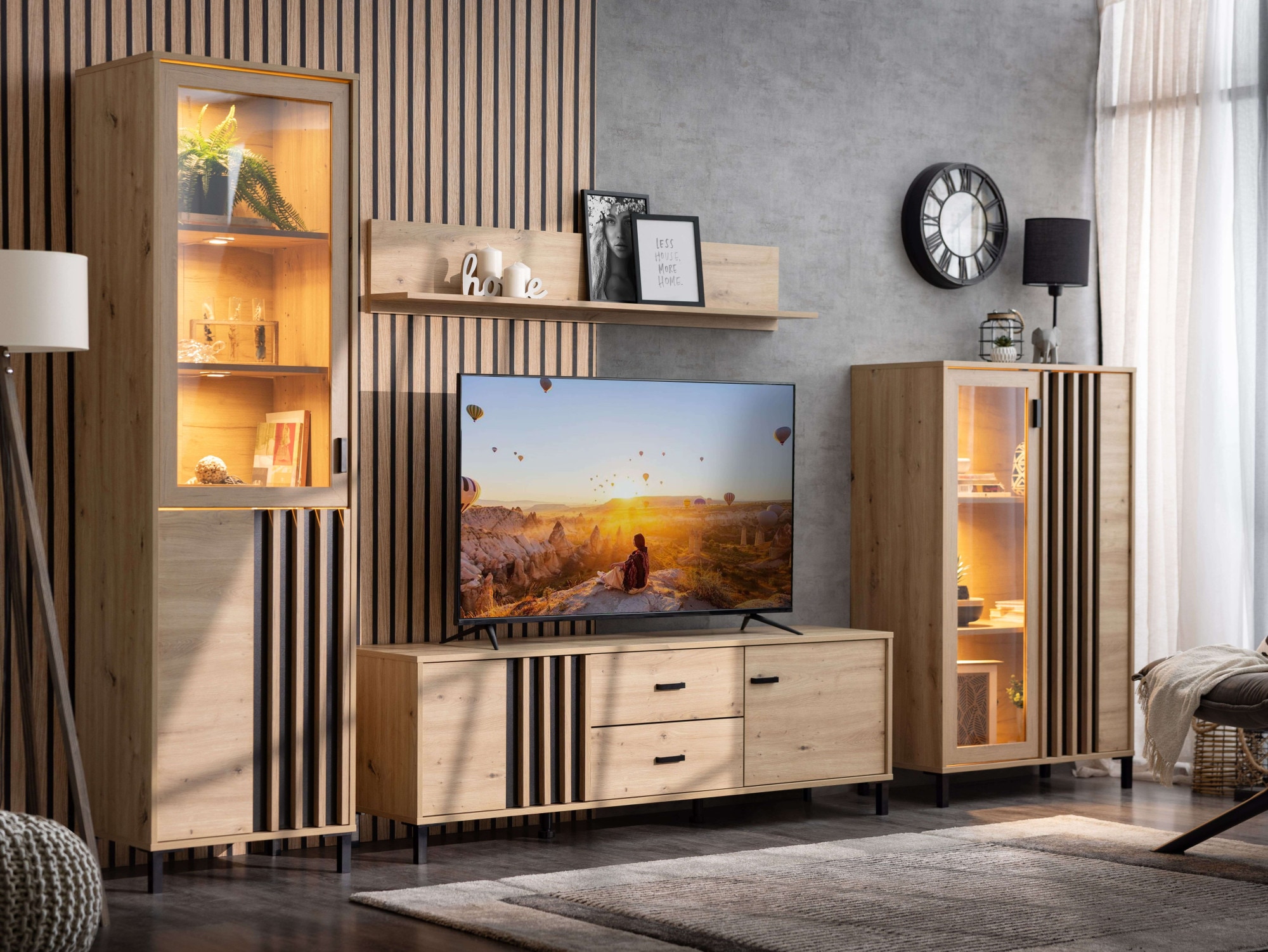 Home affaire Highboard »LAVAL, Hochkommode, Vitrine, Glasvitrine, Kombi-Highboard« Modernes Highboard in Artisan-Dekor mit Glasfront & Lamellen-Optik