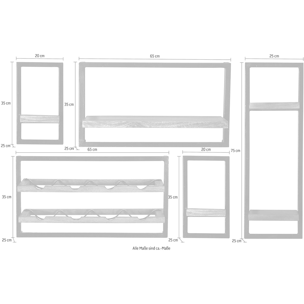 SIT Wandregal »Panama«, (Set, 5 St.), Regalset 5er-Set im Industrial Stil, Mangoholz und Metall