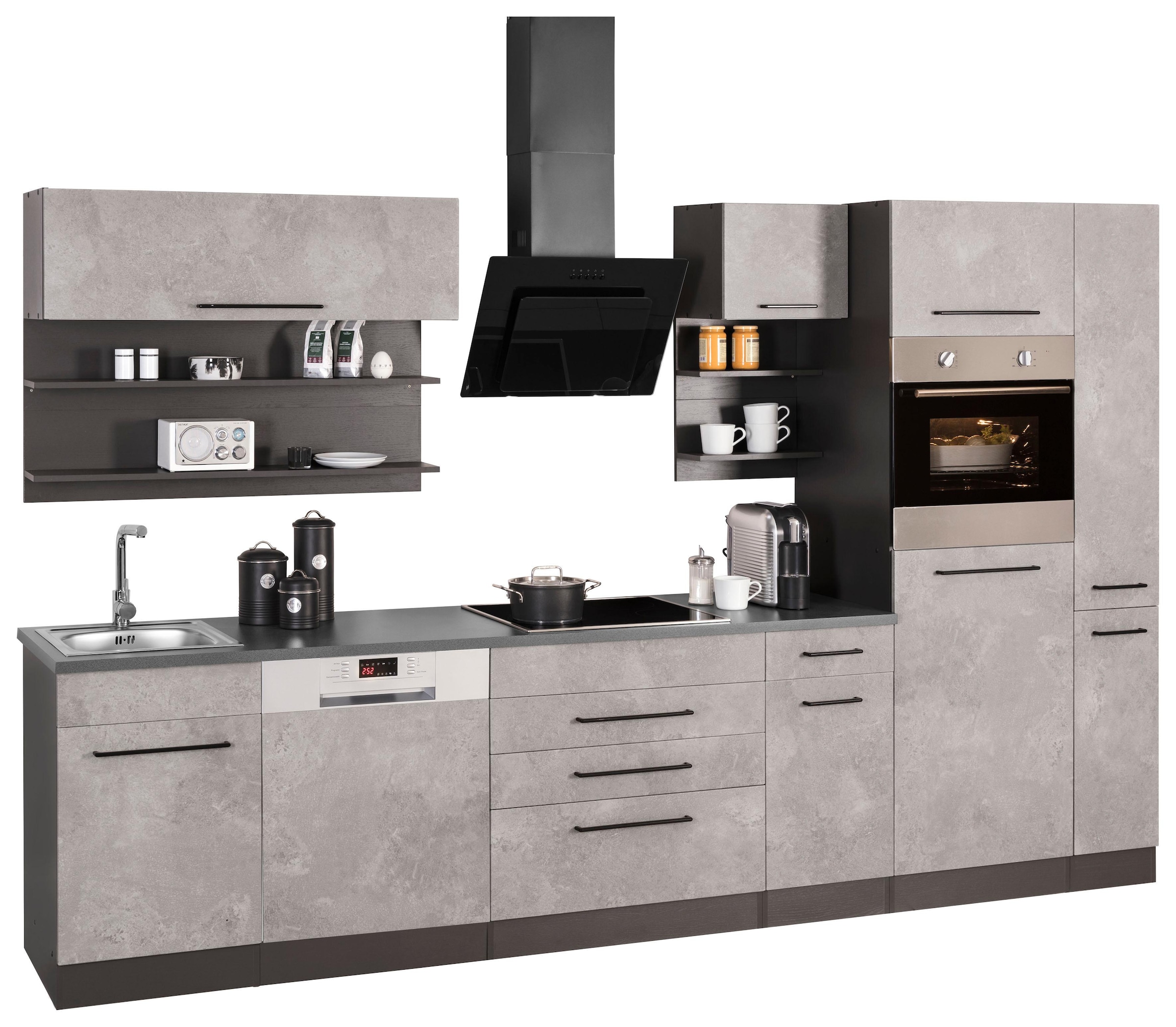 KOCHSTATION Küchenzeile "KS-Tulsa", ohne E-Geräte, Breite 320 cm, schwarze Metallgriffe, MDF Fronten