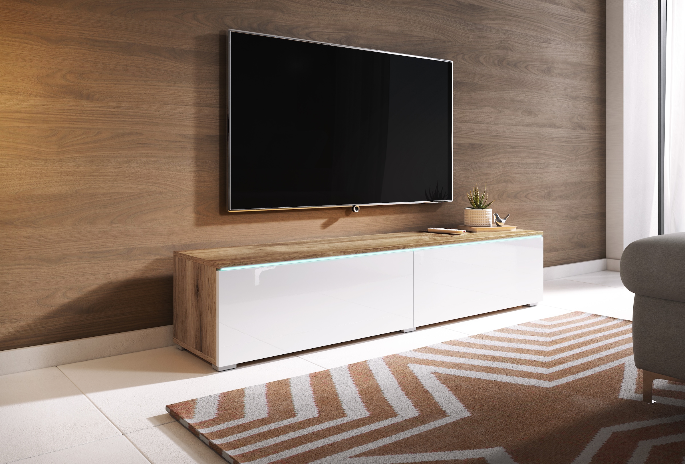 INOSIGN Lowboard »LOWBOARD D, wahlweise mit oder ohne Beleuchtung«, modernes TV-Board ohne Griffe, mit viel Stauraum,stehend und hängend