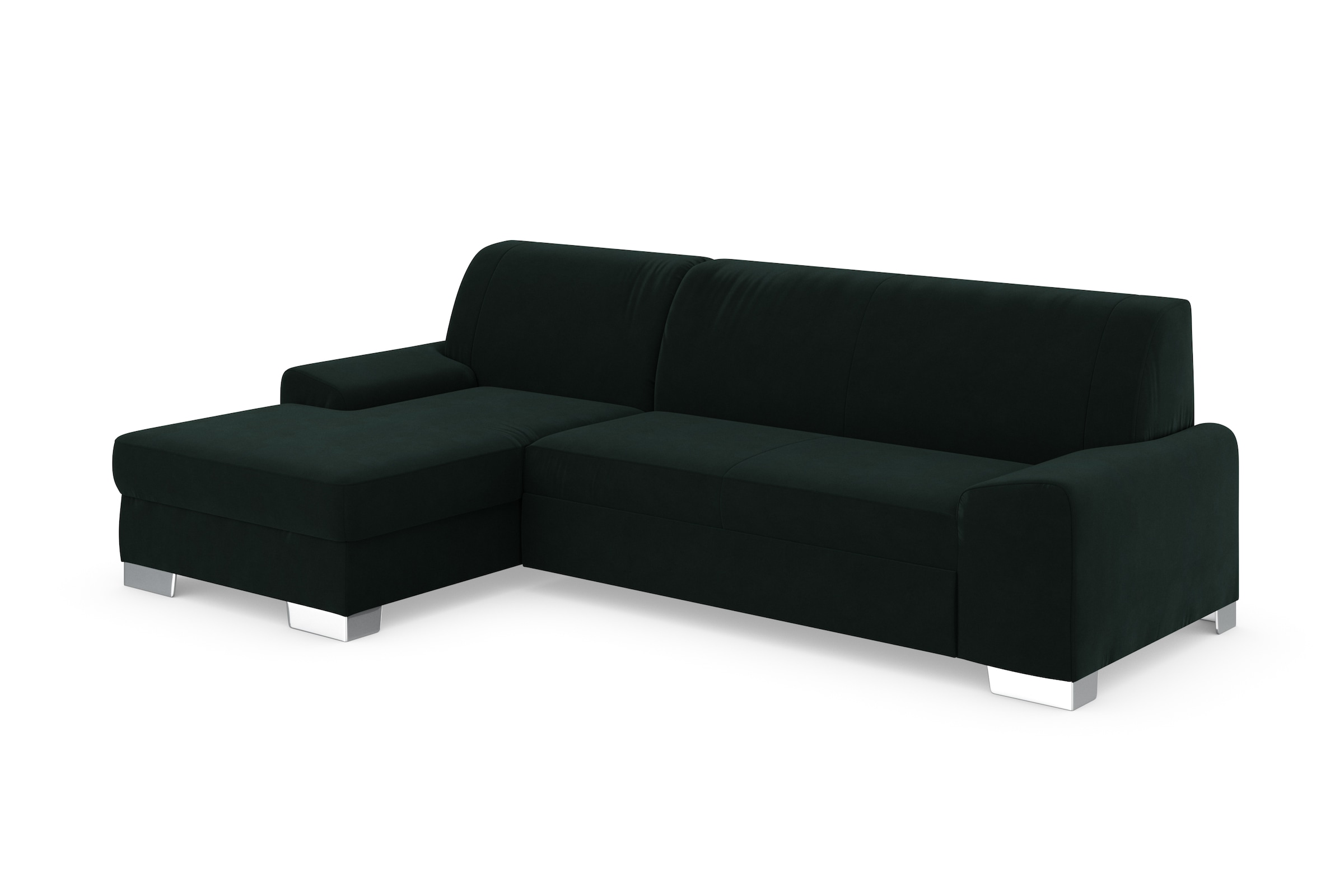 DOMO collection Ecksofa »Anzio L-Form, whlw. Bettfunktion, Federkern, hochwertig, Breite 271 cm«, Ohne Bettfunktion, Recamiere links, Samtoptik, grün