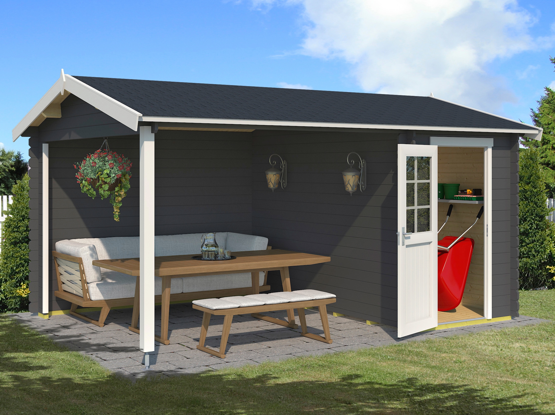 Gartenhaus LASITA MAJA, grau, Holzwerkstoff, Gartenhäuser, "Wibo", mit Anbau