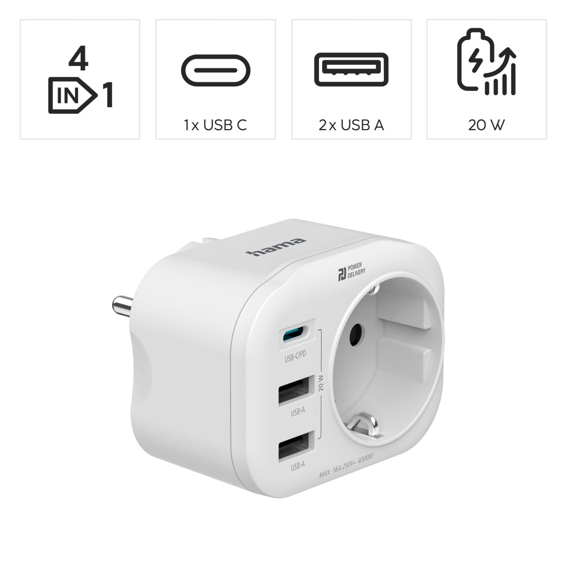 Hama Mehrfachsteckdose »Mehrfachstecker 4fach (1 USB-C PD, 2 USB-A, 1 Schutzkontakt, bis 20W)«, 4-fach, (USB-Anschlüsse Schutzkontaktkupplung-Überspannungsschutz)