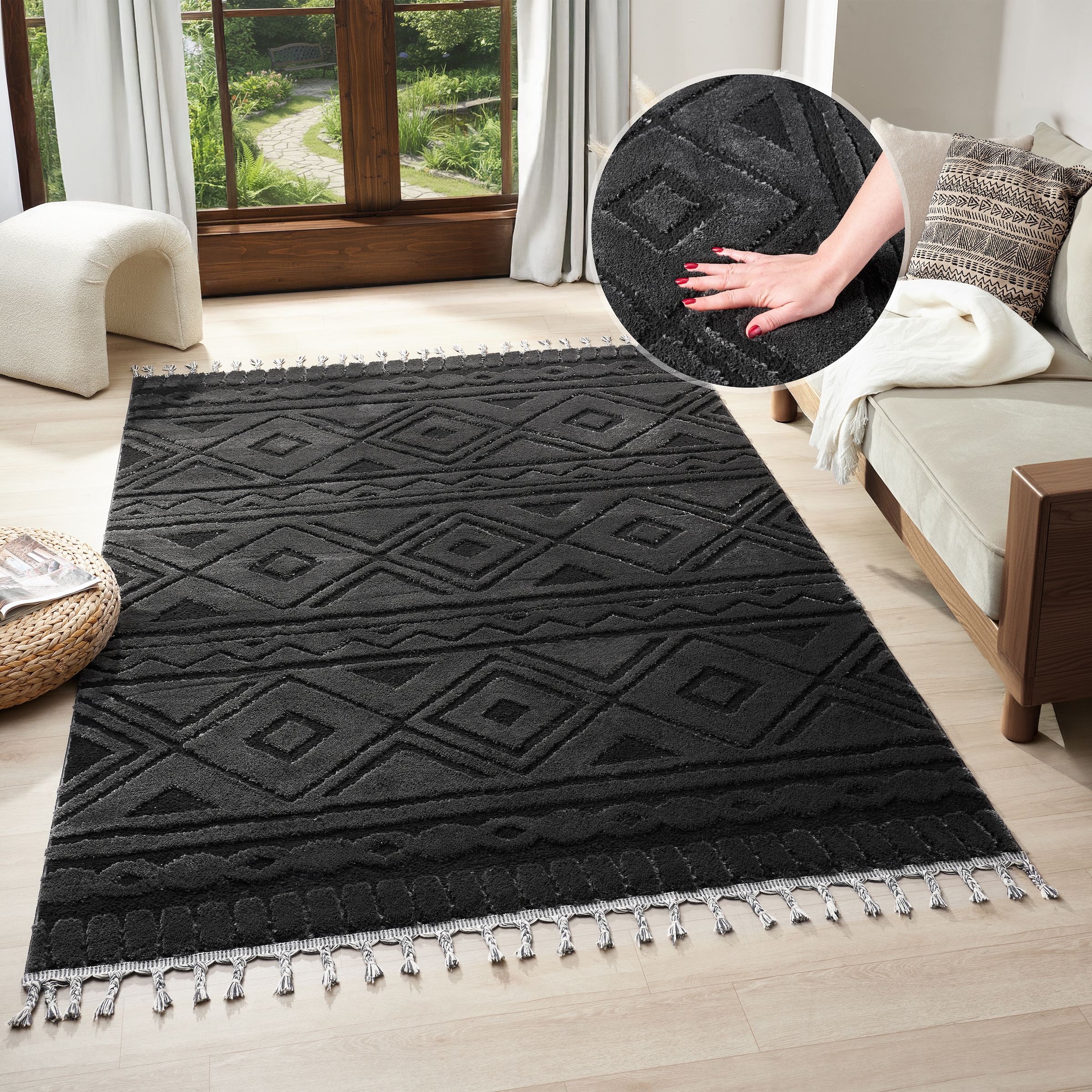 OTTO home Teppich "Bonvo" rechteckig 19 mm Höhe mit Fransen, Hoch-Tief-Stru günstig online kaufen