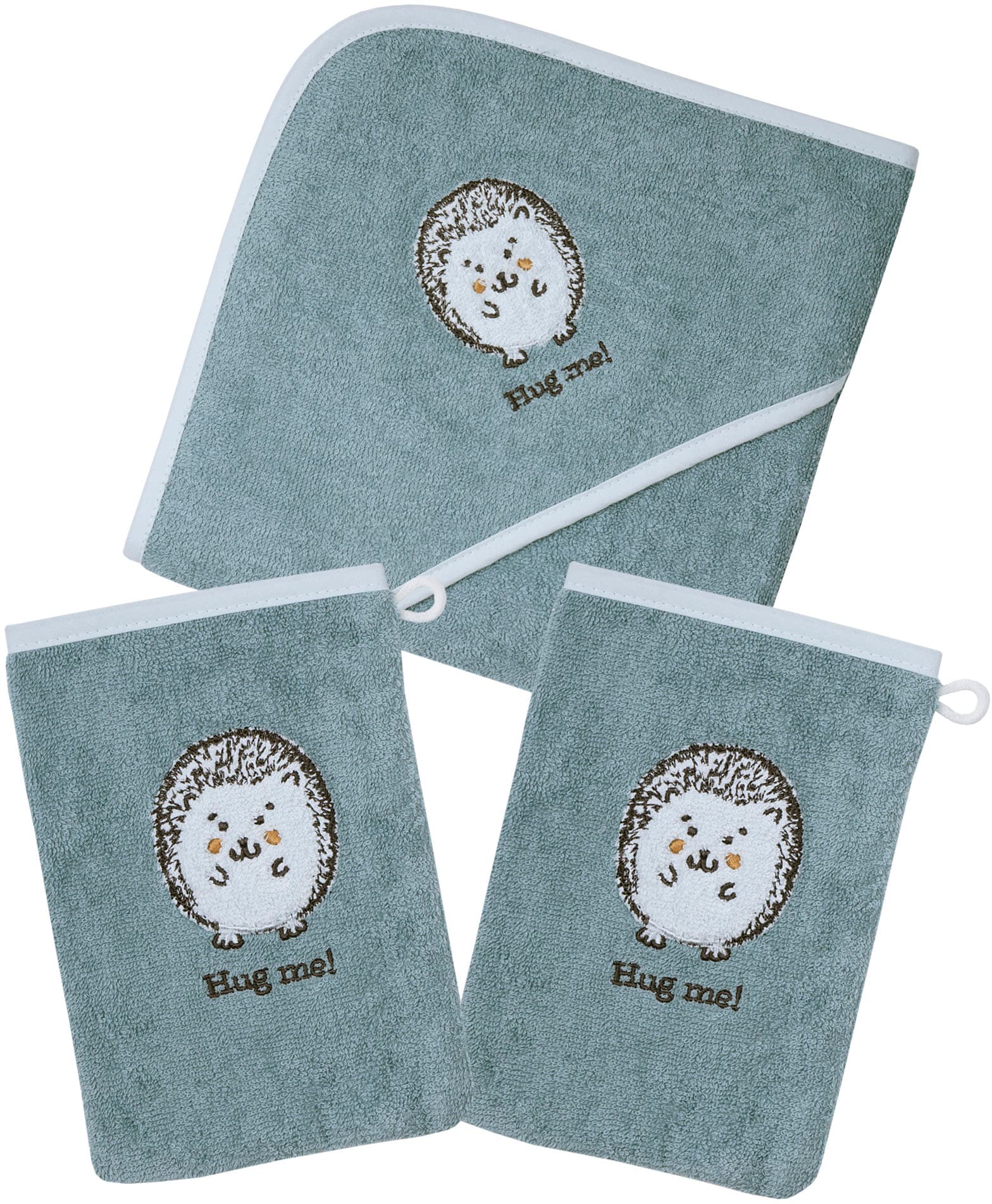 Handtuch Set WÖRNER, blau, Frottier, Obermaterial: 100% Baumwolle, Handtücher, "Igel blau Kapuzenbadetuch mit 2 Waschhandschuhen", mit süßer