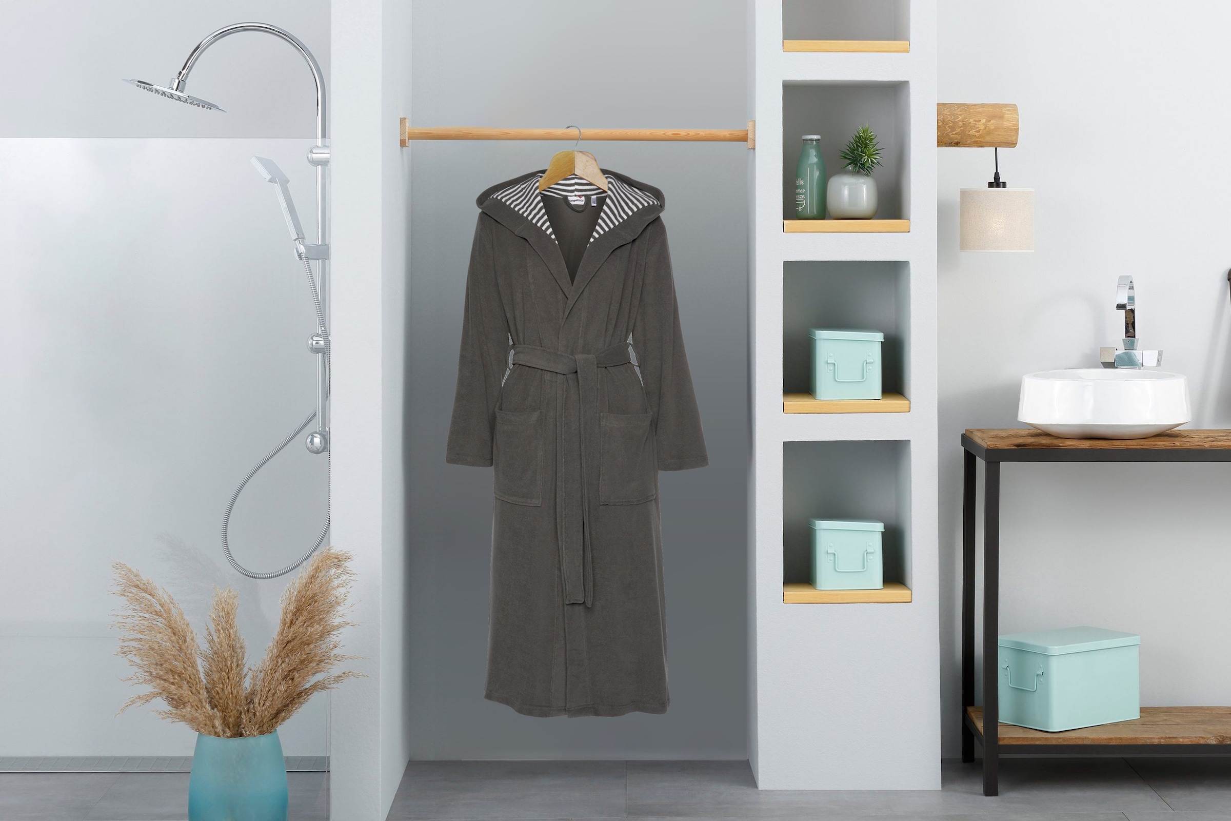 KangaROOS Damenbademantel »Dalia, ideal für Sauna & Spa, Standardlänge & Überlänge«, (1 St.), Uni-Farben mit Streifen, mit Taschen, XS-3XL, auch in extra lang