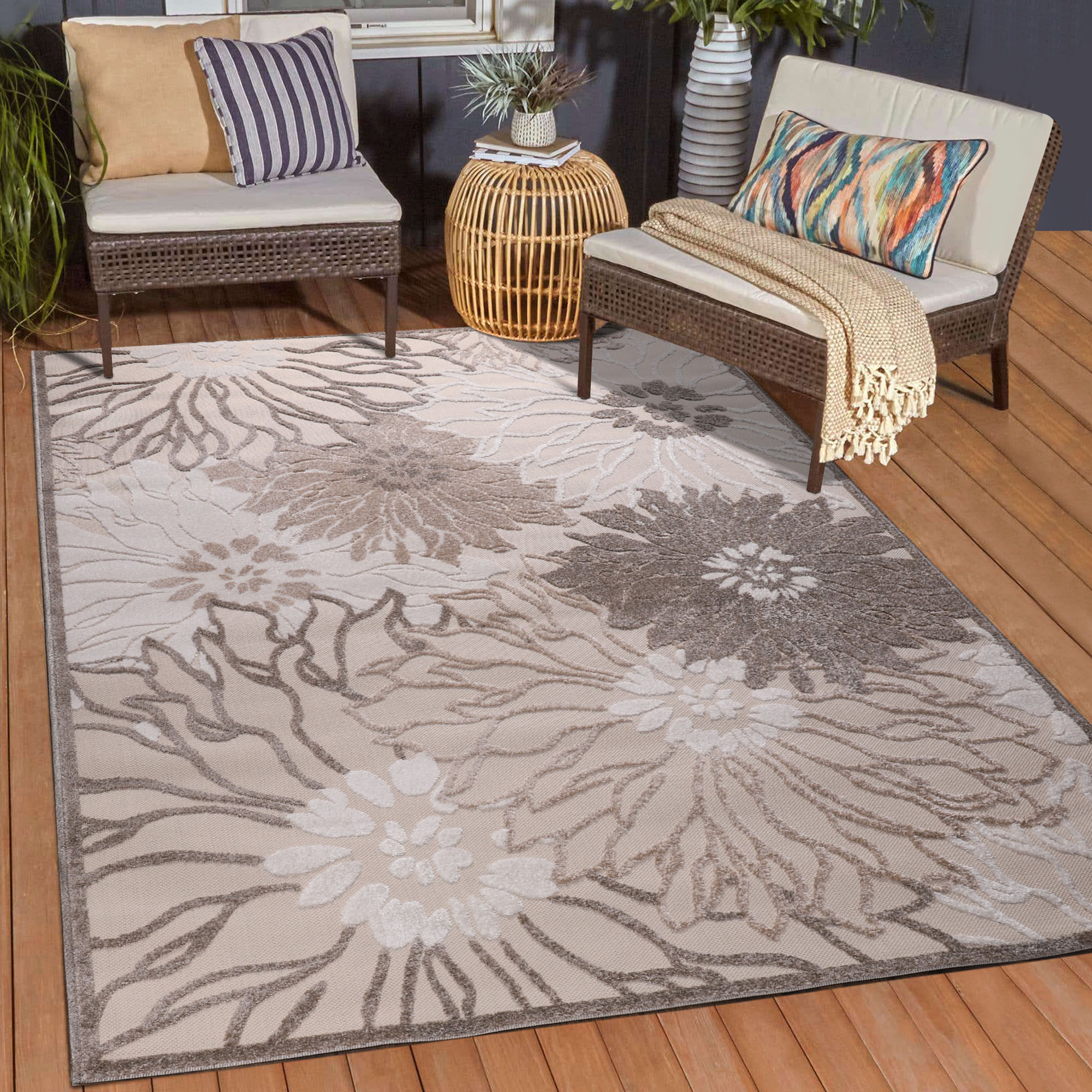 Sanat Teppich "Floral 2 Outdoor, auch als Läufer und rund" rechteckig 6 mm Höhe In- und Outdoor geeignet, Blumen, Balkon, Terrasse, Außenbereich