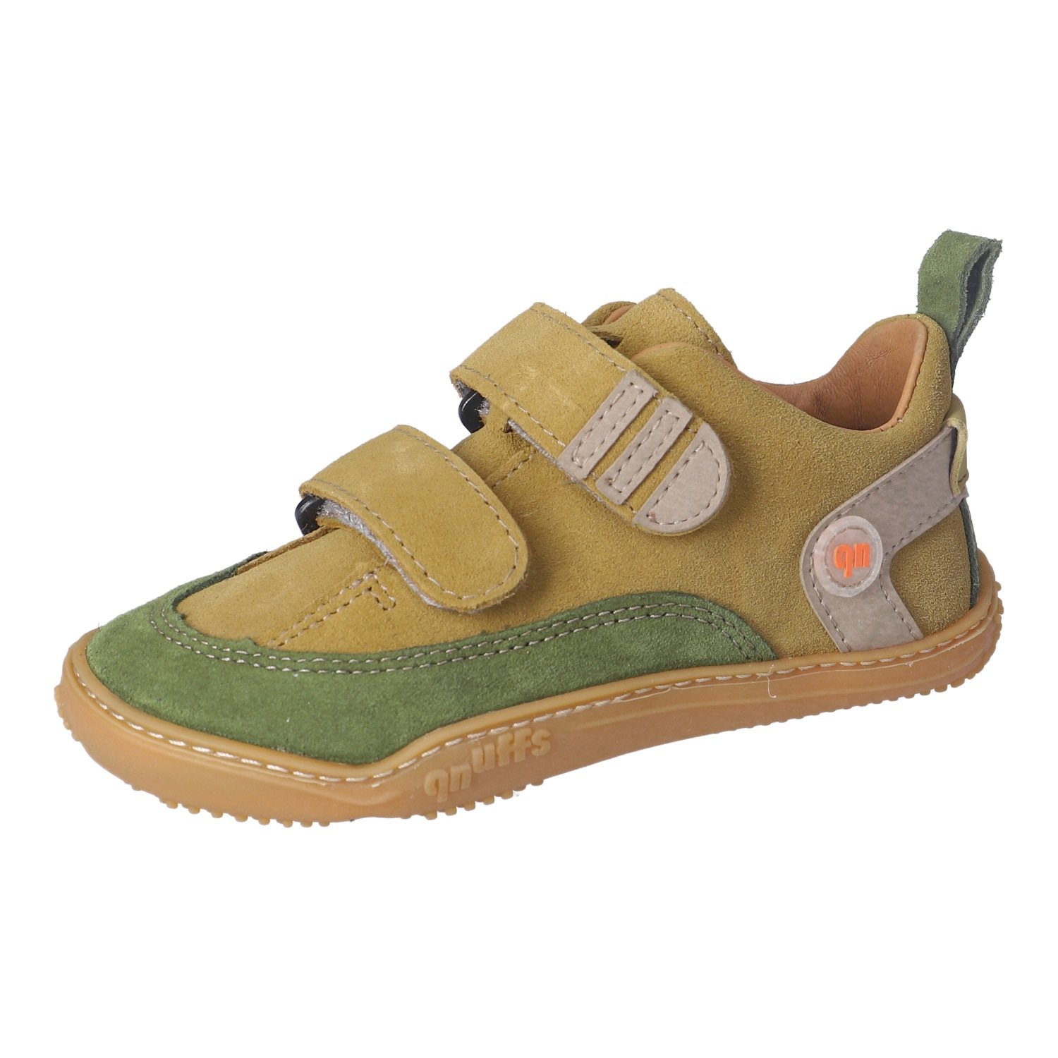 Barfußschuh QNUFFS "Ahorn", Jungen, Gr. 26, oil, tundra, Lederimitat, Veloursleder, kontrastfarbene Details, Schuhe Barfußschuh, Klettschuh, Kinderschuh mit Nullsprenung