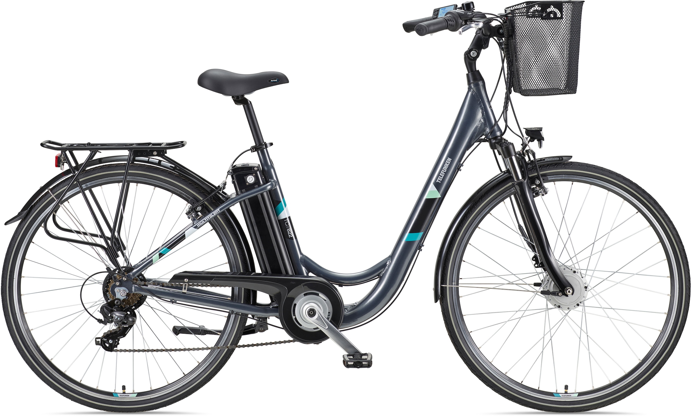 Telefunken E-Bike »Multitalent RC822«, 7 Gang, Shimano, Tourney, Frontmotor 250 W, (ca. 100 km Reichweite-2 V-Bremsen-Beleuchtung-Straßenzulassung), City Elektrofahrrad, Pedelec, Damen Herren, 28 Zoll, 36 V 374 Wh Akku