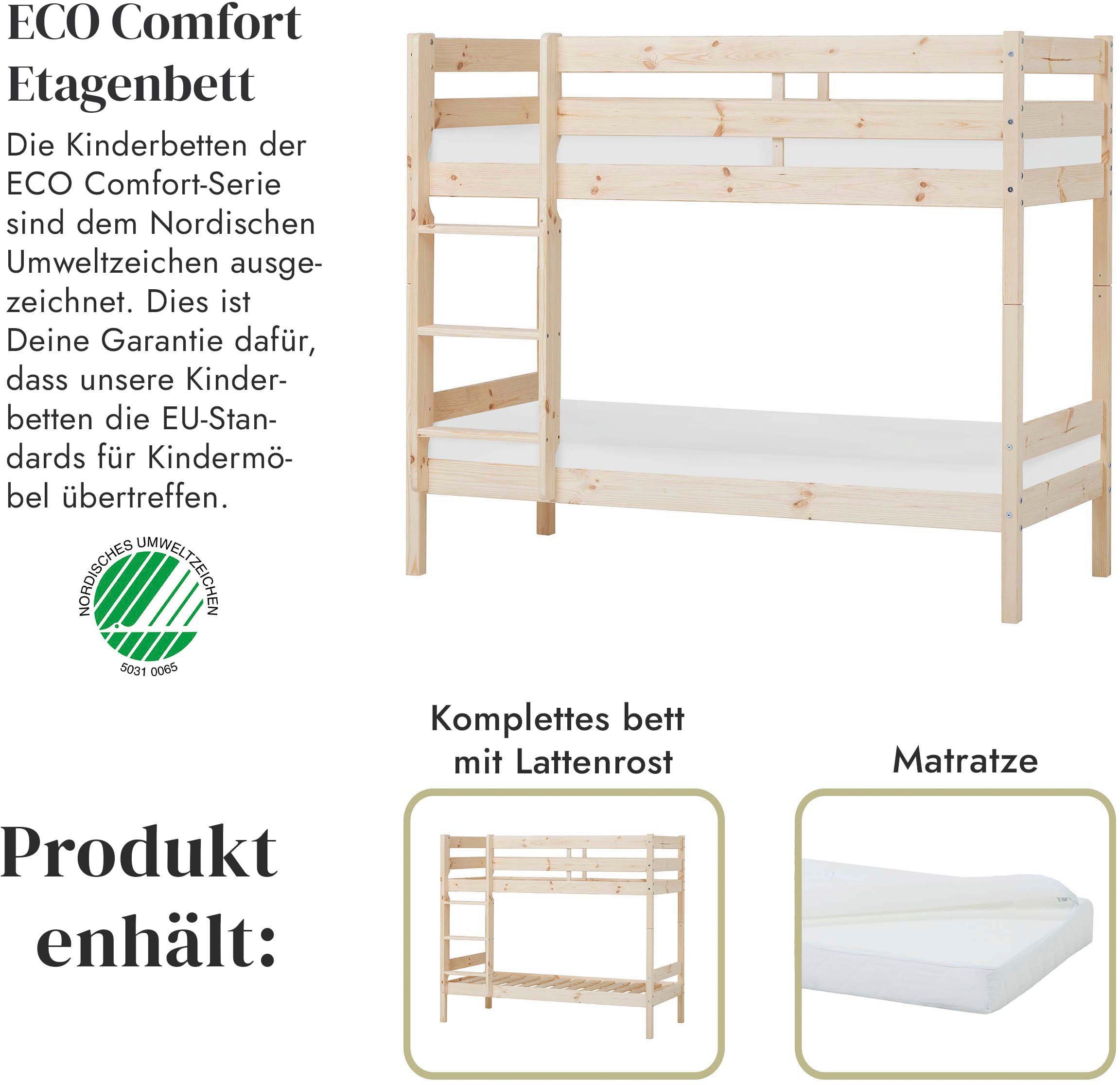 Hoppekids Etagenbett »ECO Comfort Kinderbett 90x200 oder 70x160 aus Massivholz in 4 Farben«, TÜV, FSC und Nordisches Umweltzeichen – wahlweise mit Matratzen