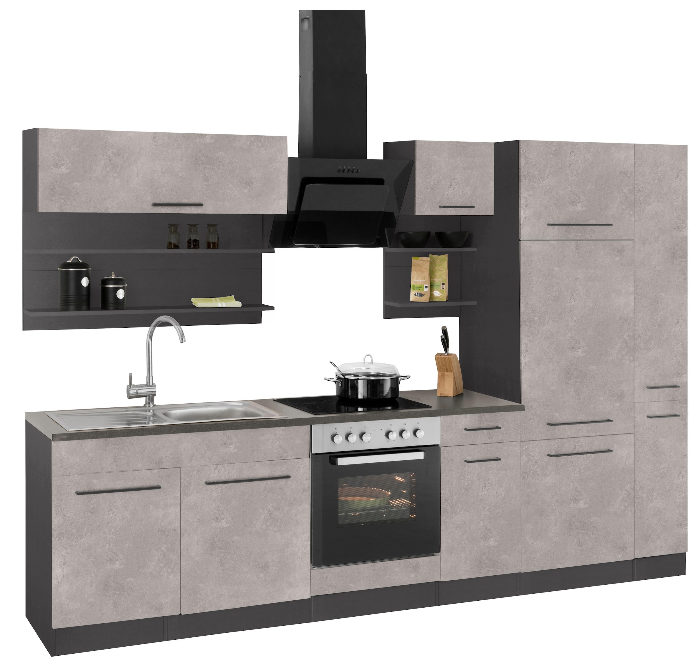 KOCHSTATION Küchenzeile »KS-Tulsa«, mit E-Geräten, Breite 300 cm, schwarze Metallgriffe, MDF Fronten