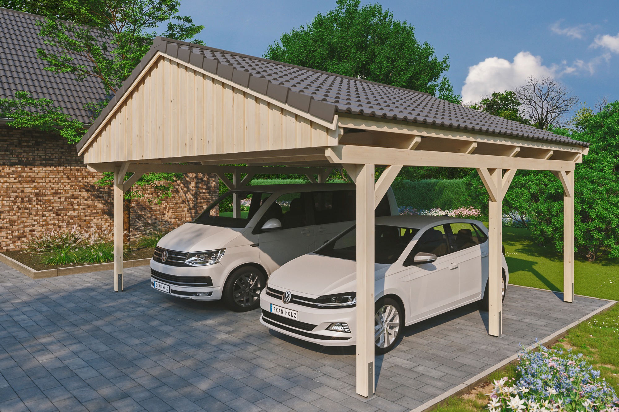 Skanholz Doppelcarport "Fichtelberg", Leimholz-Nordisches Fichtenholz, natur, mit Dachlattung