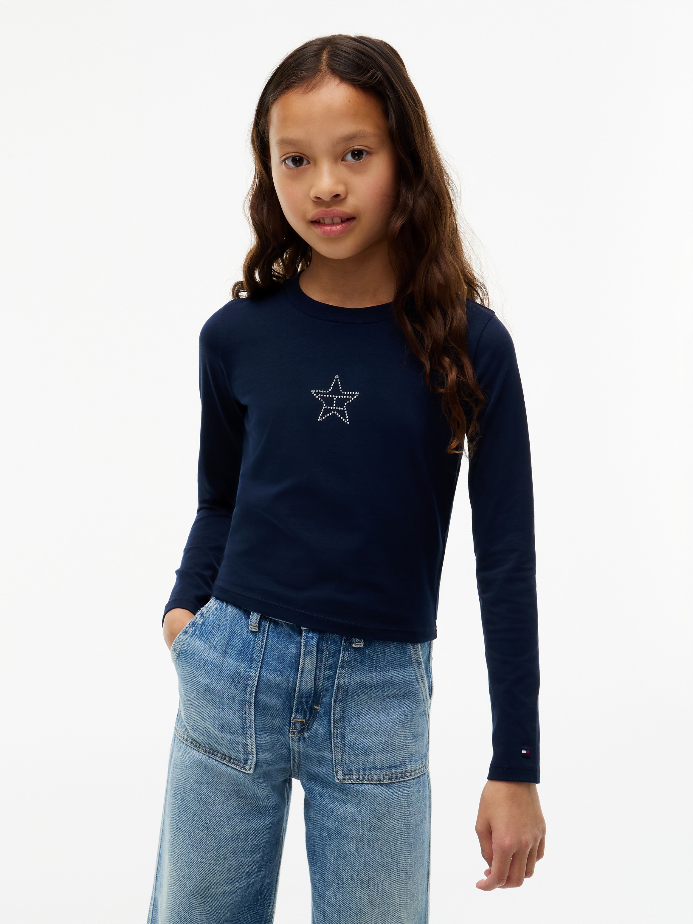 Tommy Hilfiger Langarmshirt "STUD STAR FITTED TEE LS" Glitzer-Druck, Baumwoll-Mix, Kinder bis 16 Jahre