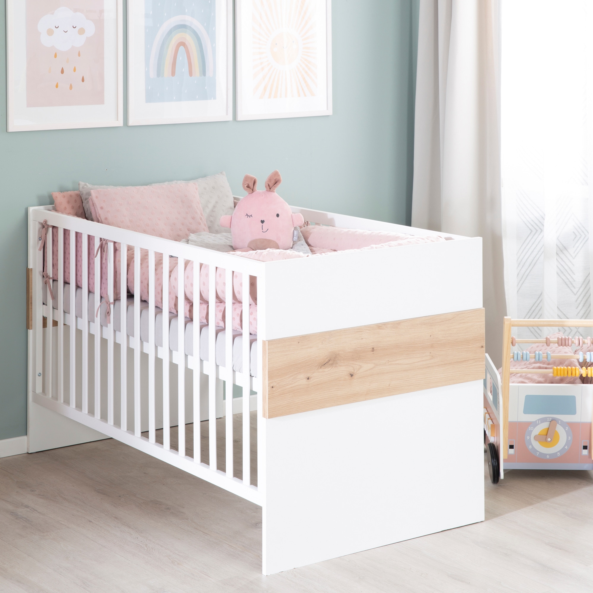 roba® Babyzimmer-Komplettset »Lion, Weiß/Artisan Eiche«, (Spar-Set, Babybett 70x140 cm, Wickelkommode), moderne & zweifarbig - Gitterbett: umbaubar, höhenverstellbar