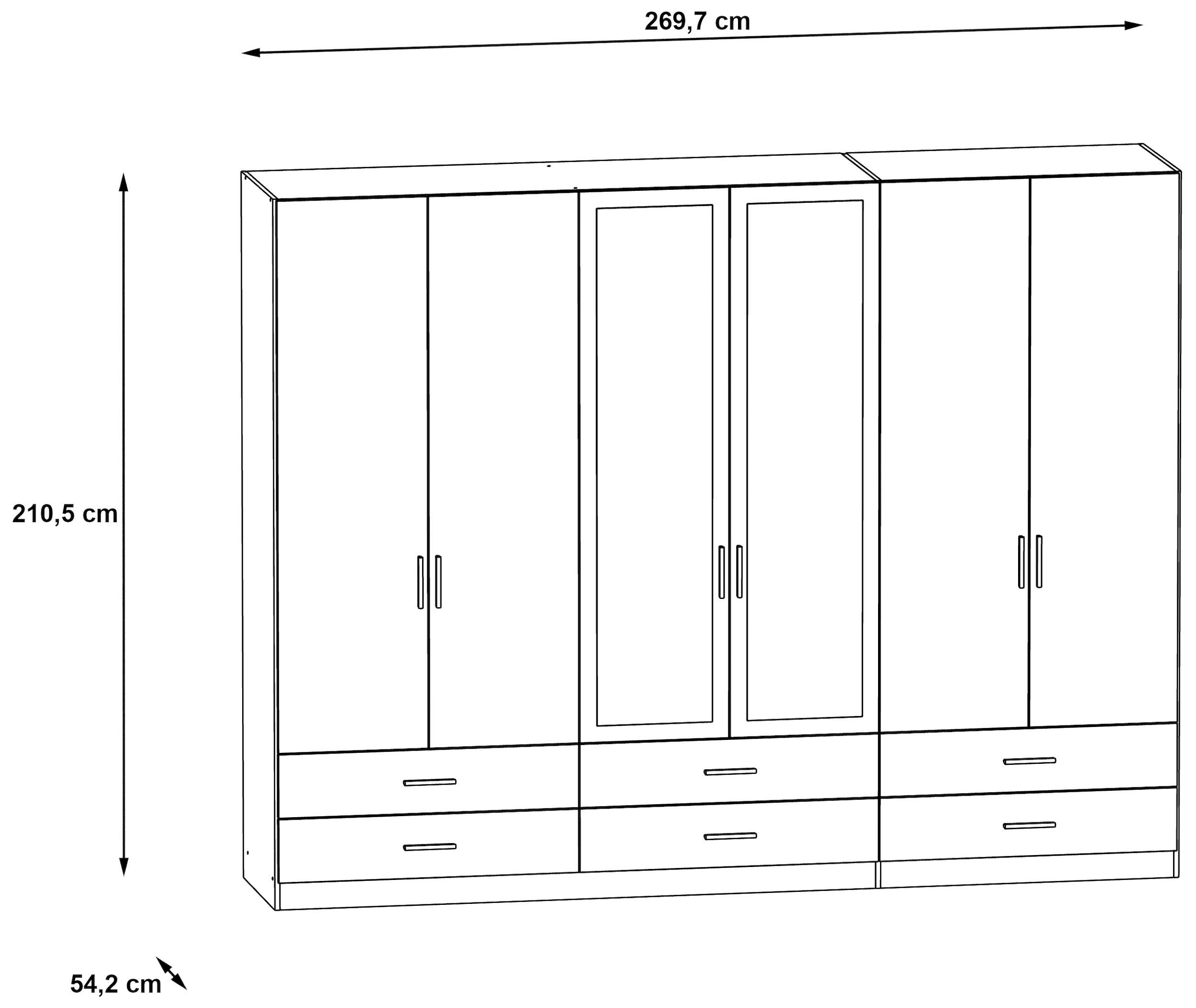 FORTE Kleiderschrank »Forte ASUMPTA ,Breite 2,70m, Schubladen, Spiegeltüren« B/H/T 269,7/210,5/54,2 cm , Viel Stauraum, Spiegel, FSC® zertifiziert