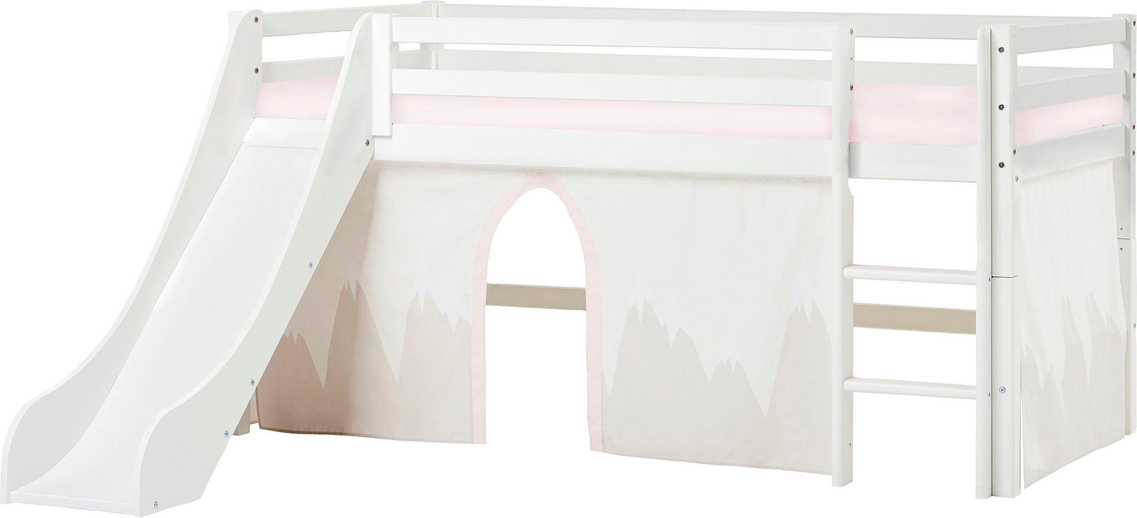 Hoppekids Hochbett »«Winter Wonderland»«, (Set, 4 St.), 90x200 mit Rutsche, Vorhang & Matratze