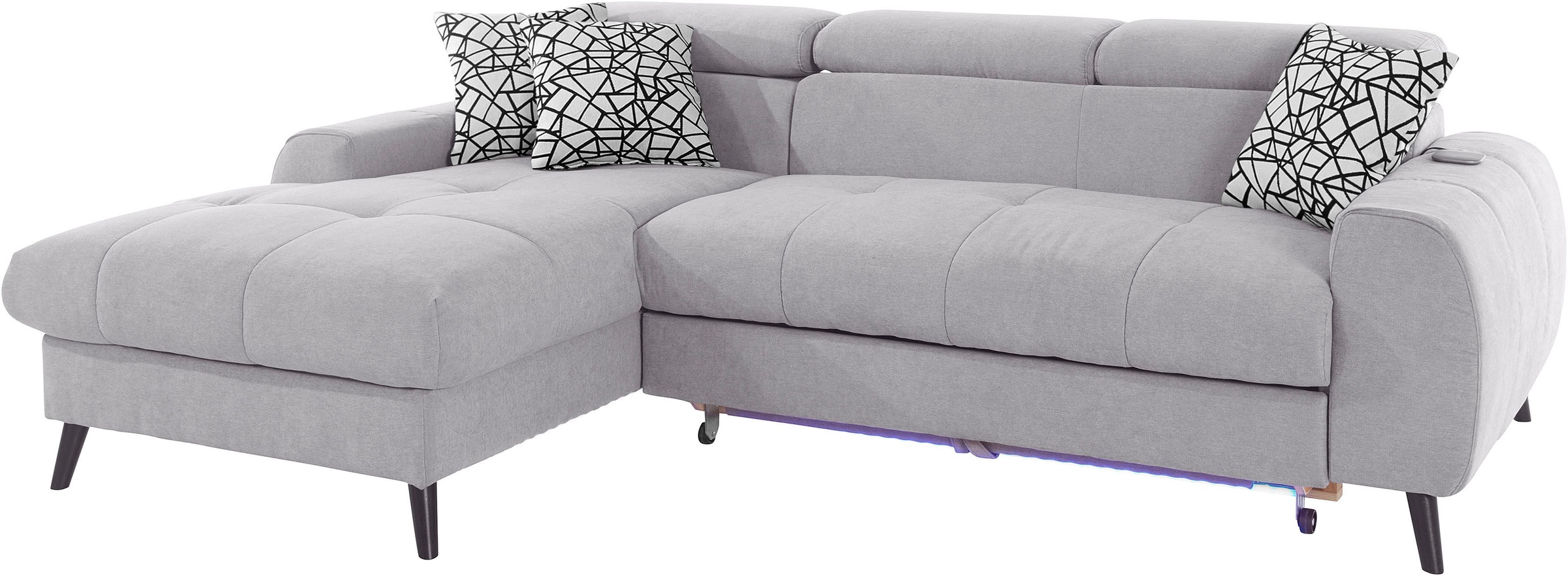 COTTA Ecksofa »Mia L-Form mit 3 Zierkissen«, wahlweise mit Bettfunktion, Bettkasten, Beleuchtung & Wireless-Charger