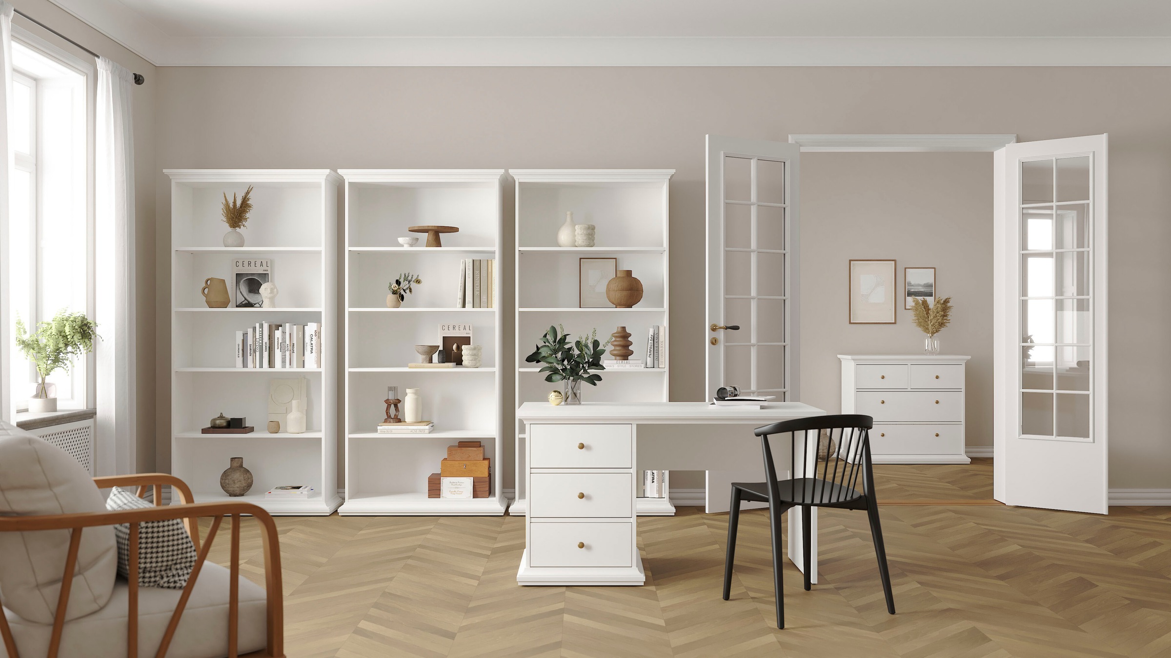 Home affaire Bücherregal »Paris Regal, Standregal, Stauraumregal, Ablageregal, Multifunktional,«, mit 4 Einlegböden, viel Stauraum, Kranzleiste, Höhe 200 cm