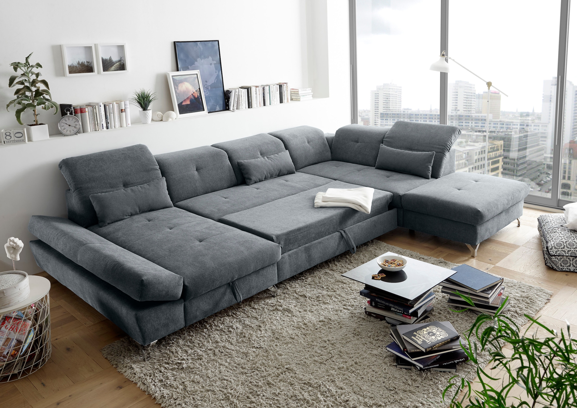 ED EXCITING DESIGN Wohnlandschaft »Melfi U-Form«, mit Bettfunktion, Bettkasten, Nierenkissen, frei im Raum stellbar
