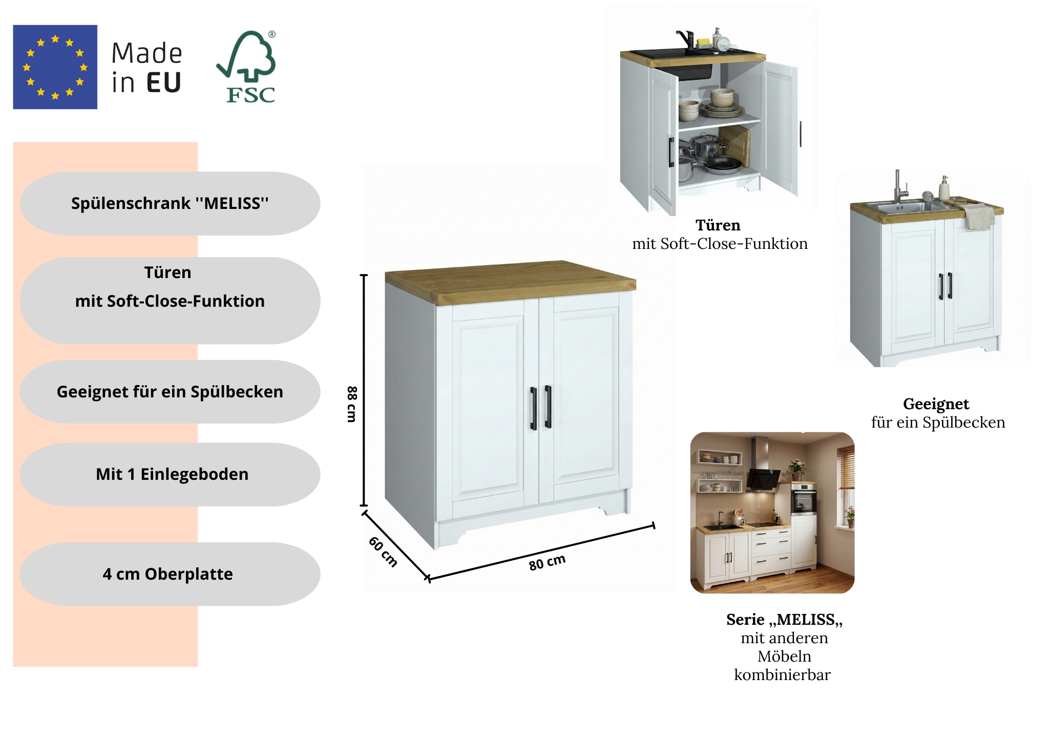 Home affaire Unterschrank »Meliss« aus massiver Kiefer, Breite 80 cm, Soft-Close-Funktion