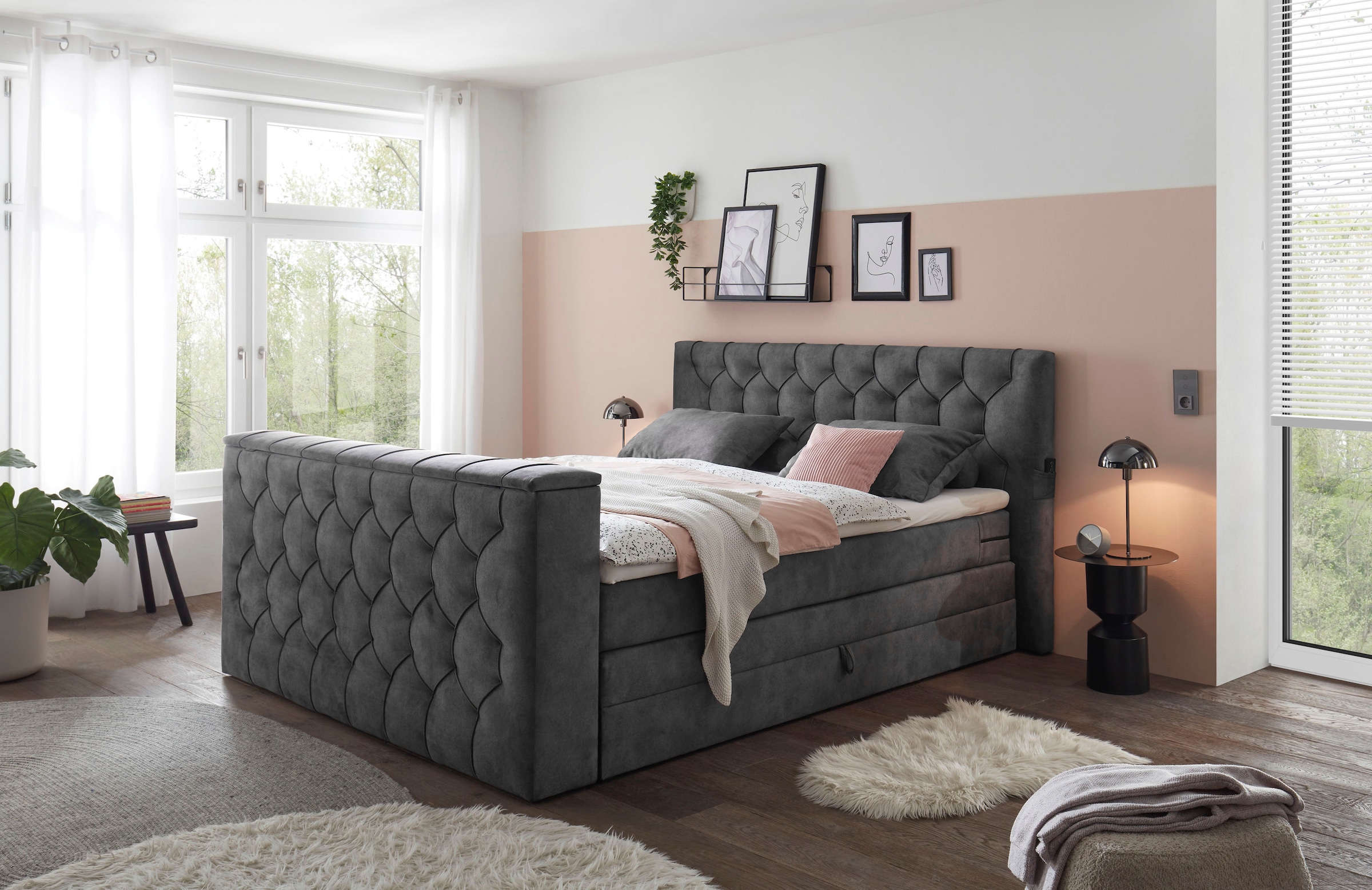 ED EXCITING DESIGN Boxspringbett »Springdale«, mit Bettkasten, motorisierter TV-Halterung, Duo-Matratze (H3/H4)