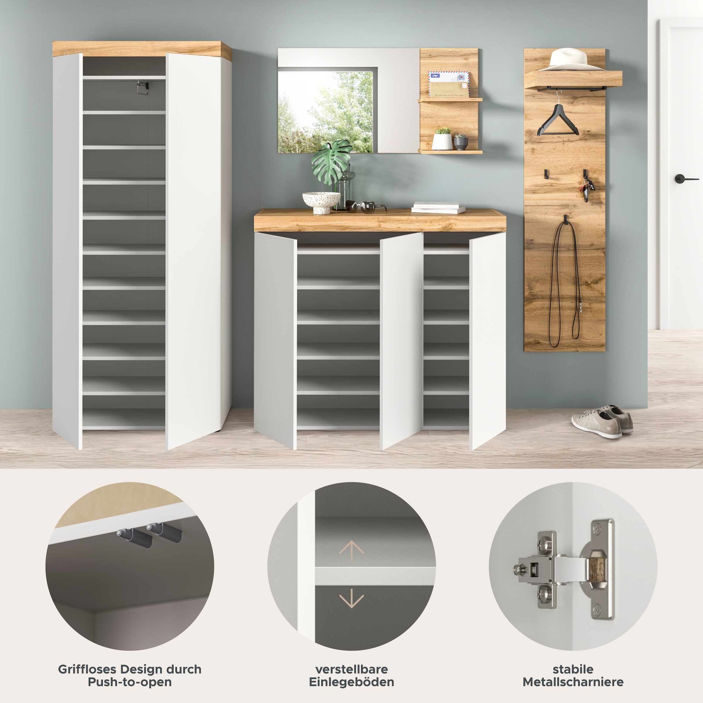 OTTO home Garderoben-Set »MAMBO, TOPSELLER!, 4-teilige Kombination, stehend & hängend montierbar« bestehend aus: Garderobenschrank, Kommode, Spiegel, Garderobenpaneel, 4 Stk. tlg.