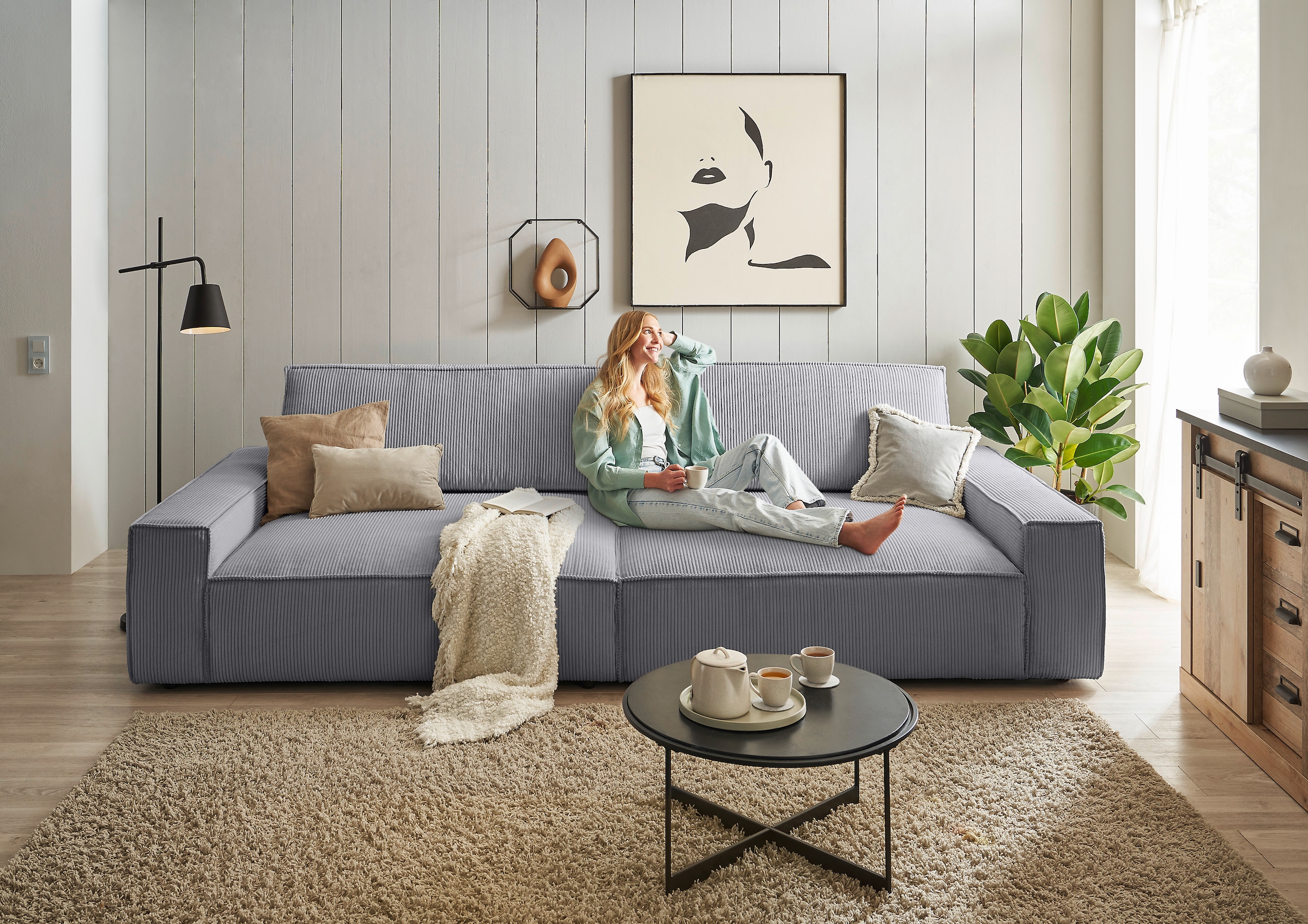 Home affaire Big-Sofa »NEU: SHERWOOD XXL, Big-Sofa (316cm), extra tiefe Sitzfläche 95 cm«, bequemer Sitzkomfort, Cord u. Leinenoptik, Kedernaht
