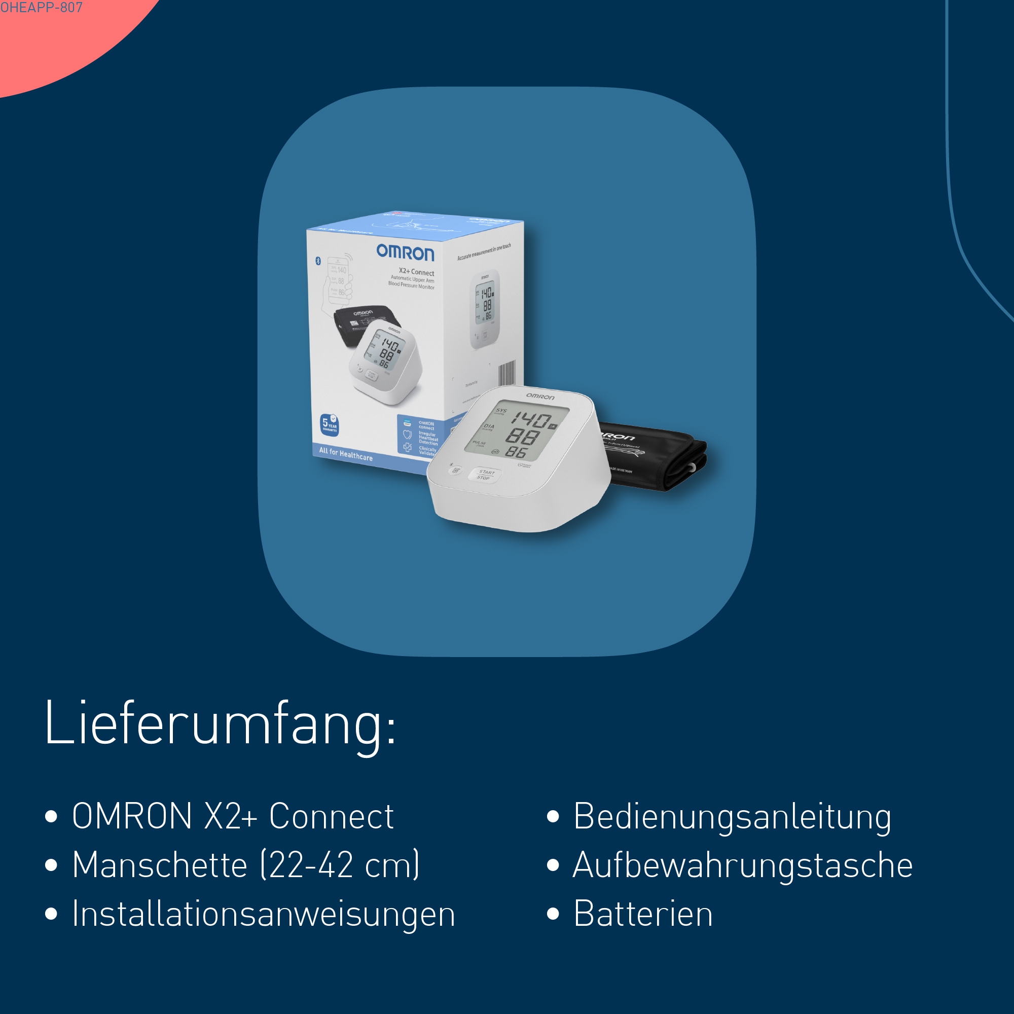 Omron Oberarm-Blutdruckmessgerät »X2+ Connect, Universalmanschette (22-42 cm), mit kostenloser App«