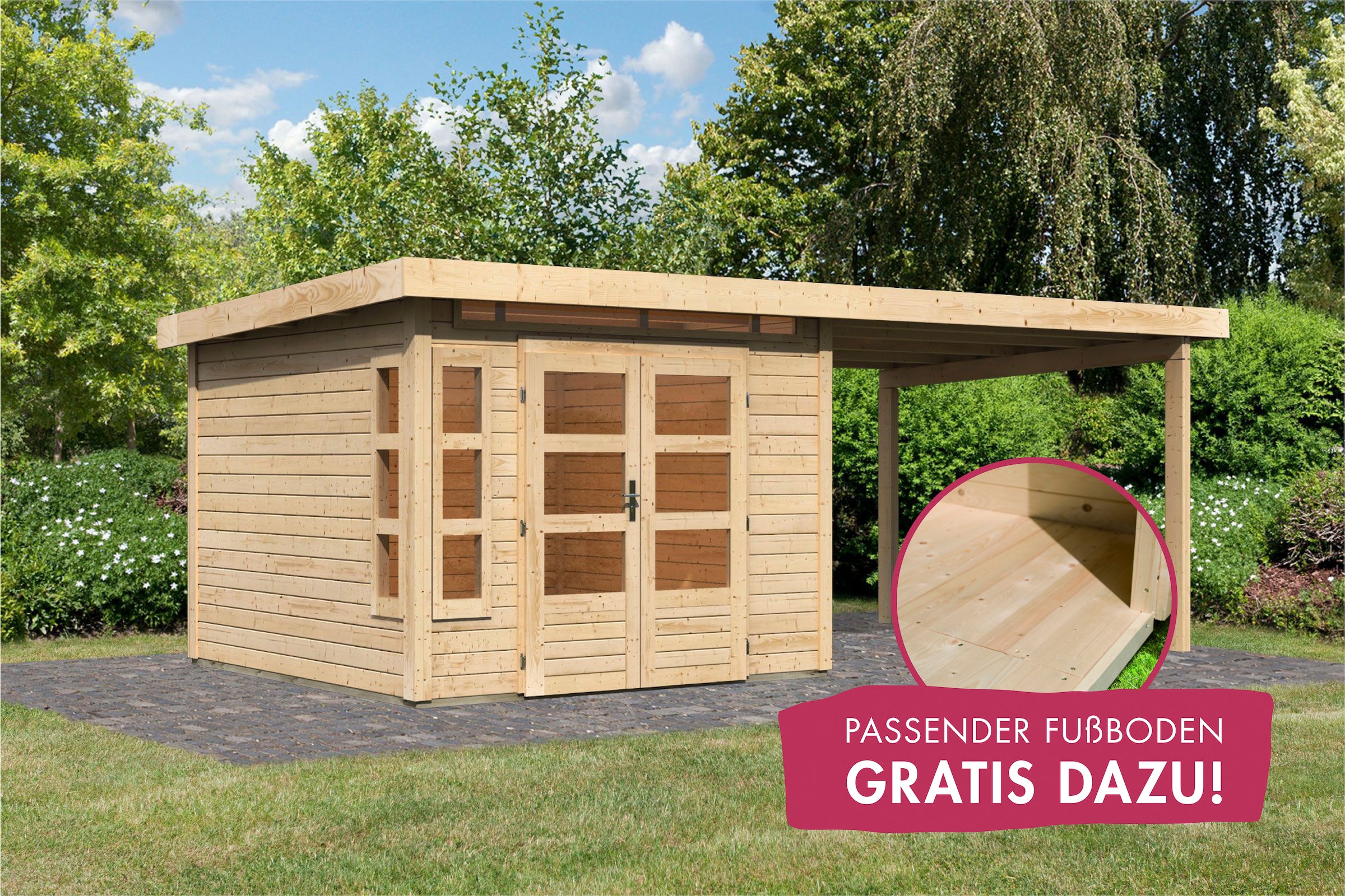 Karibu Gartenhaus "Kolimasee 6" mit Anbaudach 3,2 m, naturbelassen günstig online kaufen