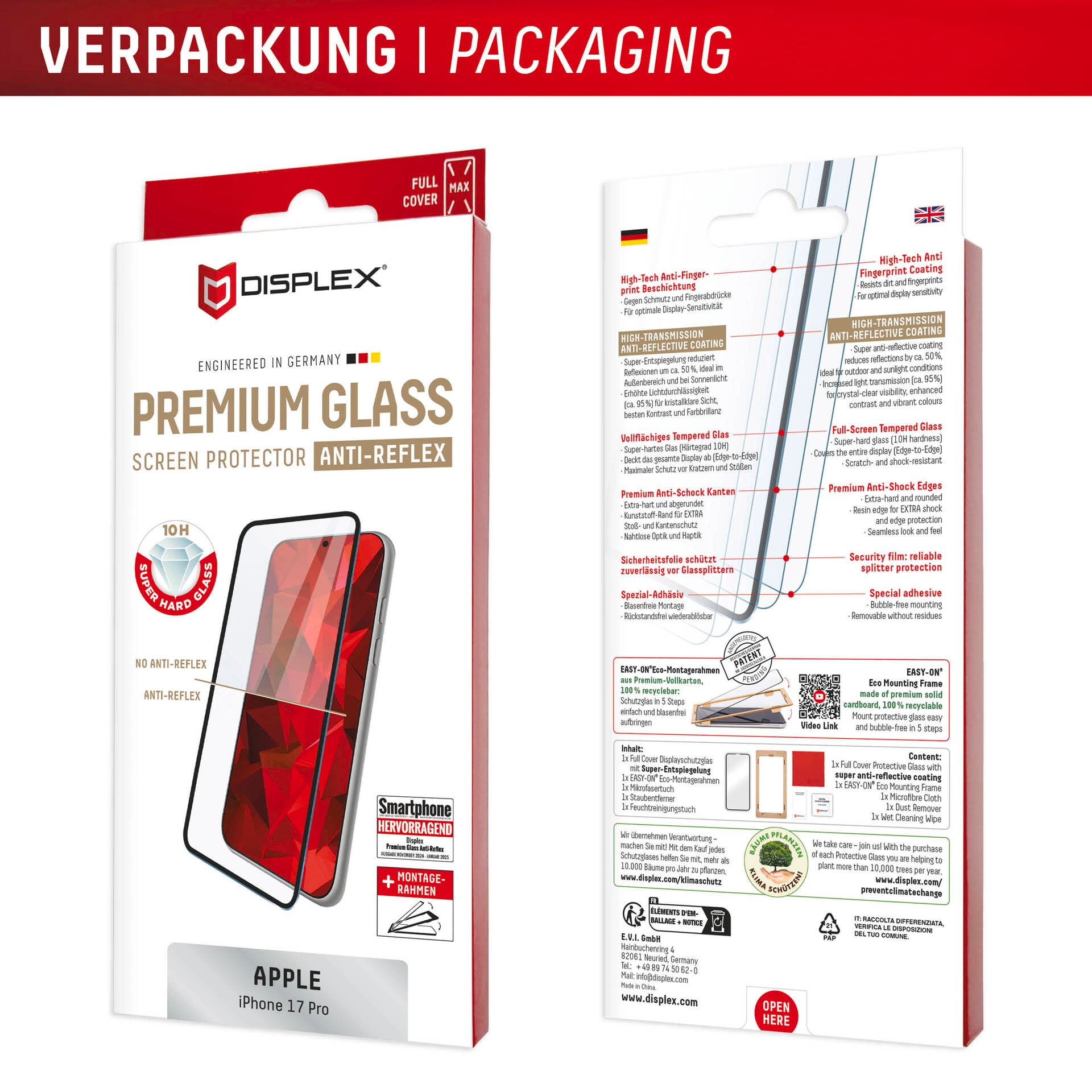 Displex Displayschutzglas »Premium Glass Screen Protector Anti-Reflex«, für Apple iPhone 17 Pro, Displayschutzfolie, Schutzfolie, Bildschirmschutz, kratz- & stoßfest