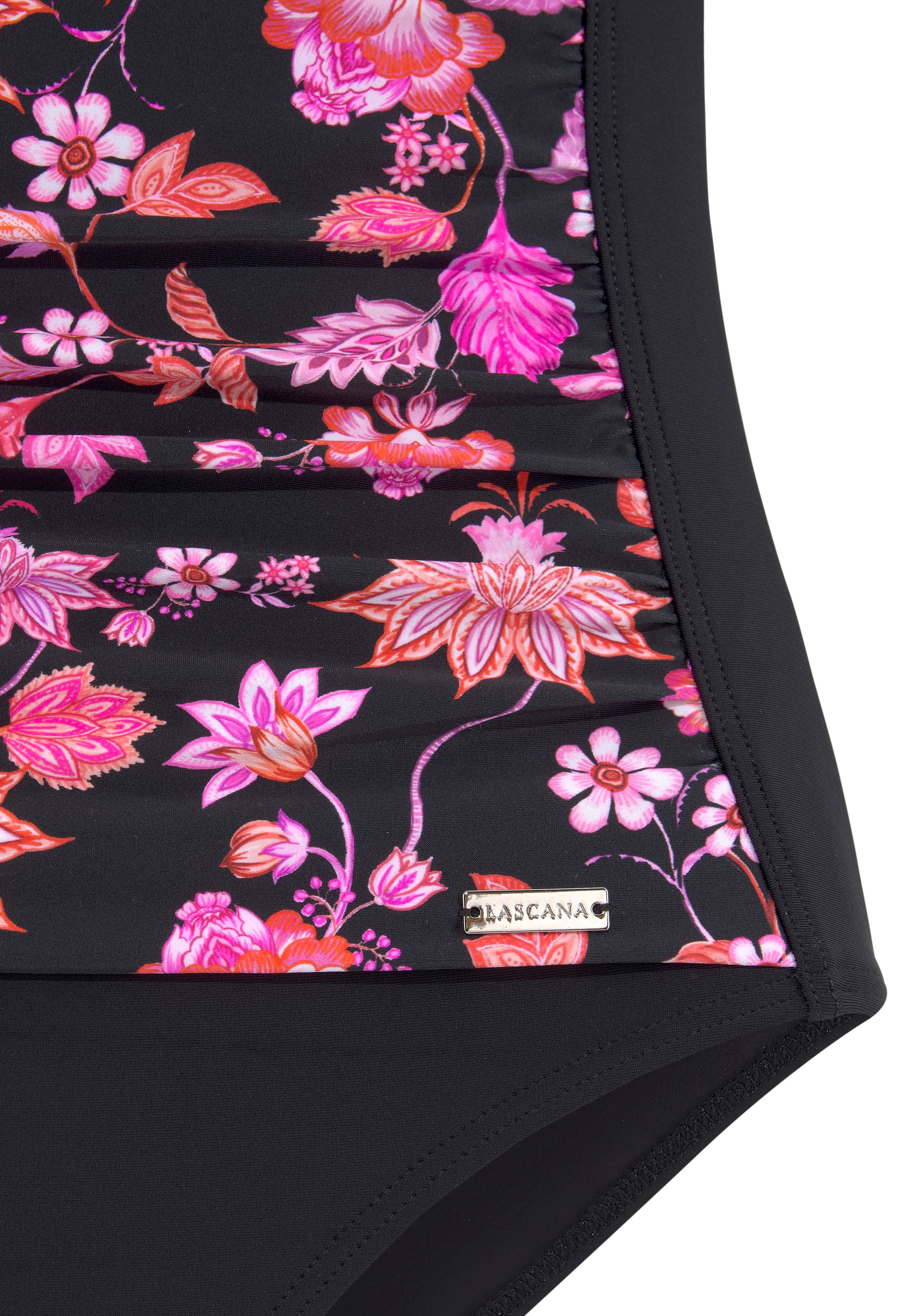 Badeanzug LASCANA, Damen, Gr. 48, Cup F, bunt (schwarz, pink), Recycling-Polyamid, Paisleymuster, bedruckt, Badeanzüge Badeanzug, mit Shaping-Effekt und platzierten Streifen 3