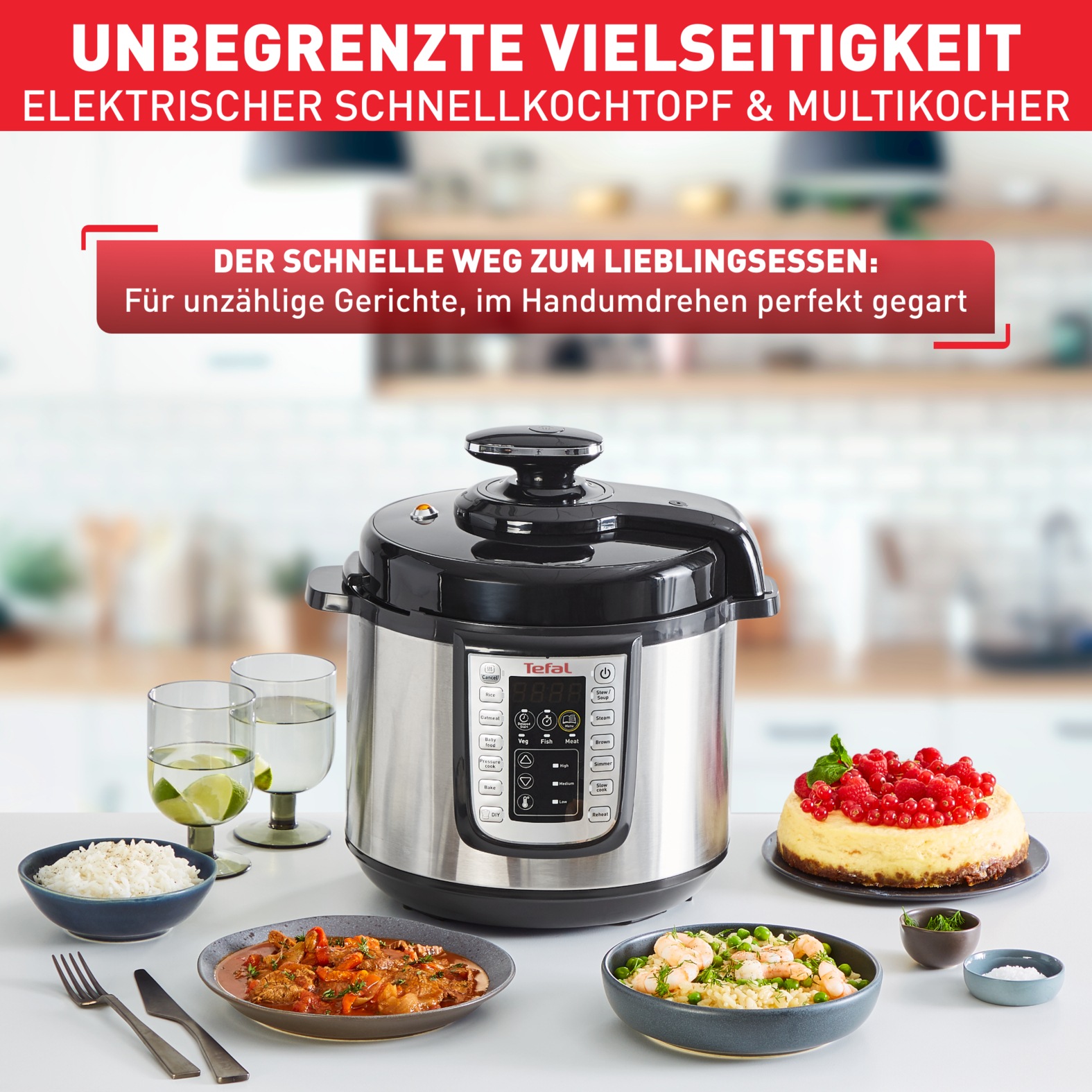 Thumbnail - Tefal Multikocher "Fast & Delicious inkl. Reislöffel, Untersetzer, Messbecher & Rezepten" Schnellkochtopf/ Heißluftfritt...