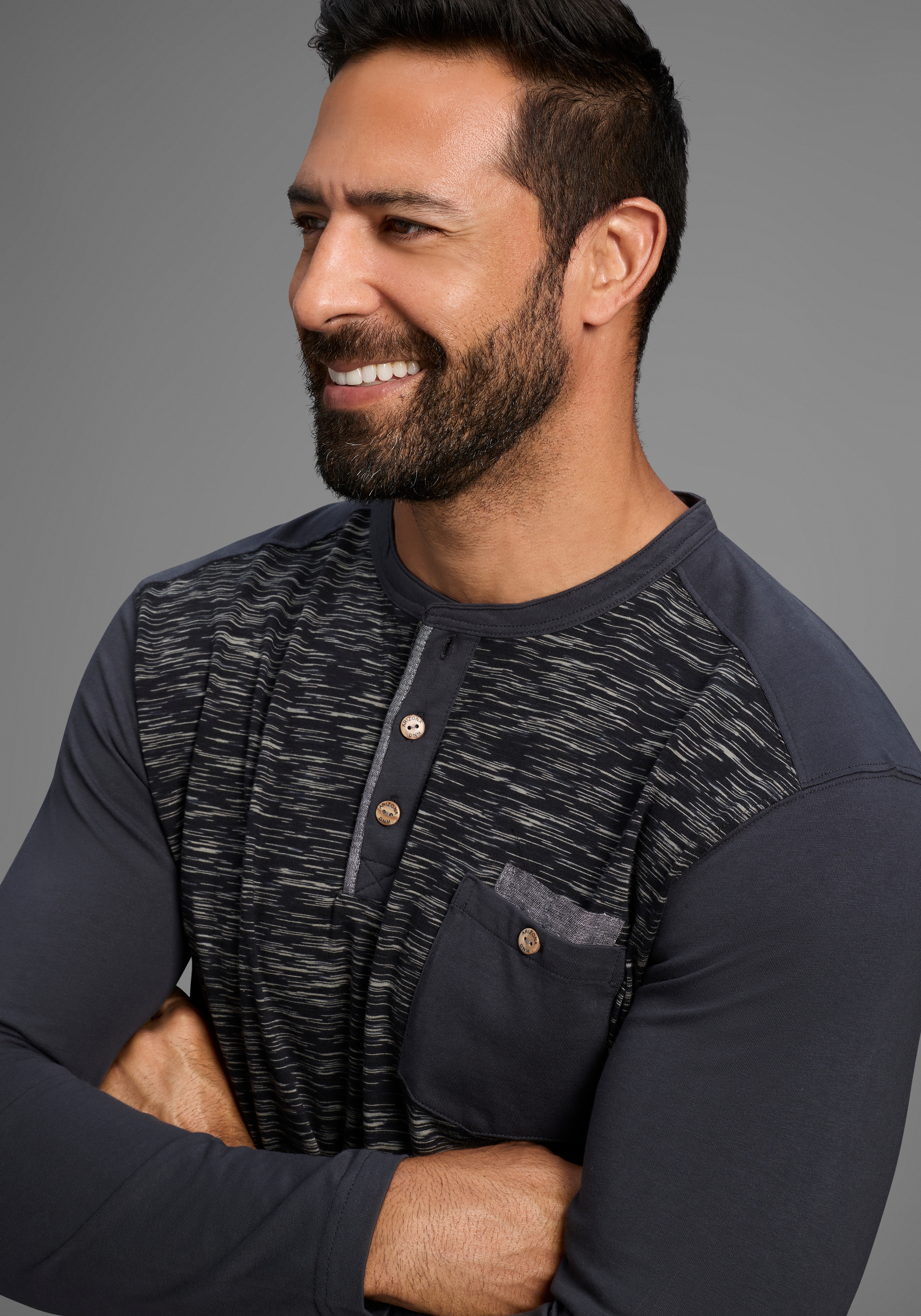 Thumbnail - Arizona Longsleeve Langarm, melierte Optik, Rundhalsausschnitt mit Knopfleiste