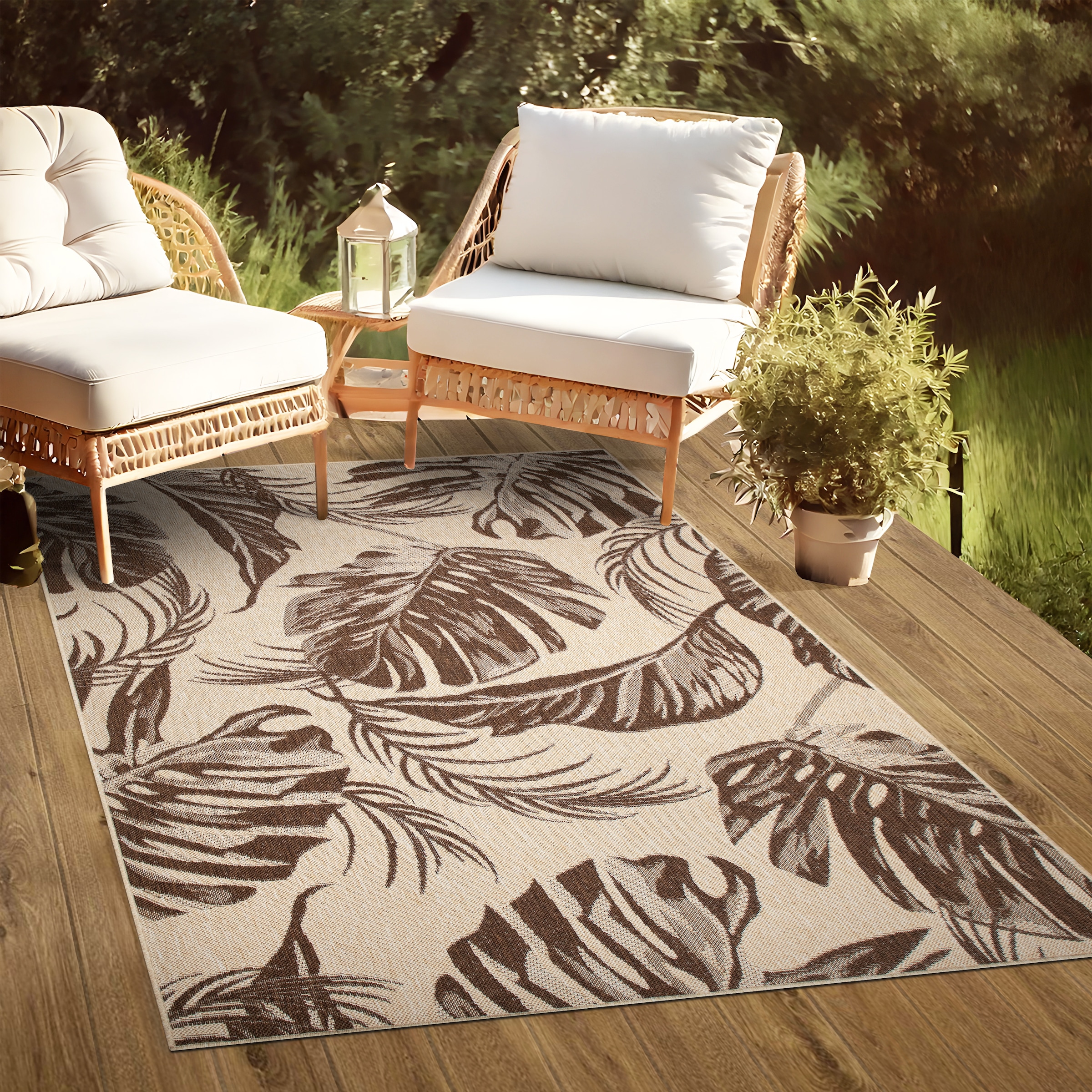 Bruno Banani Teppich »Larral, Blätter-Design auch für Balkon und Terrasse«, rechteckig, 3 mm Höhe, In- und Outdoor geeignet, Wetterfest & UV-beständig