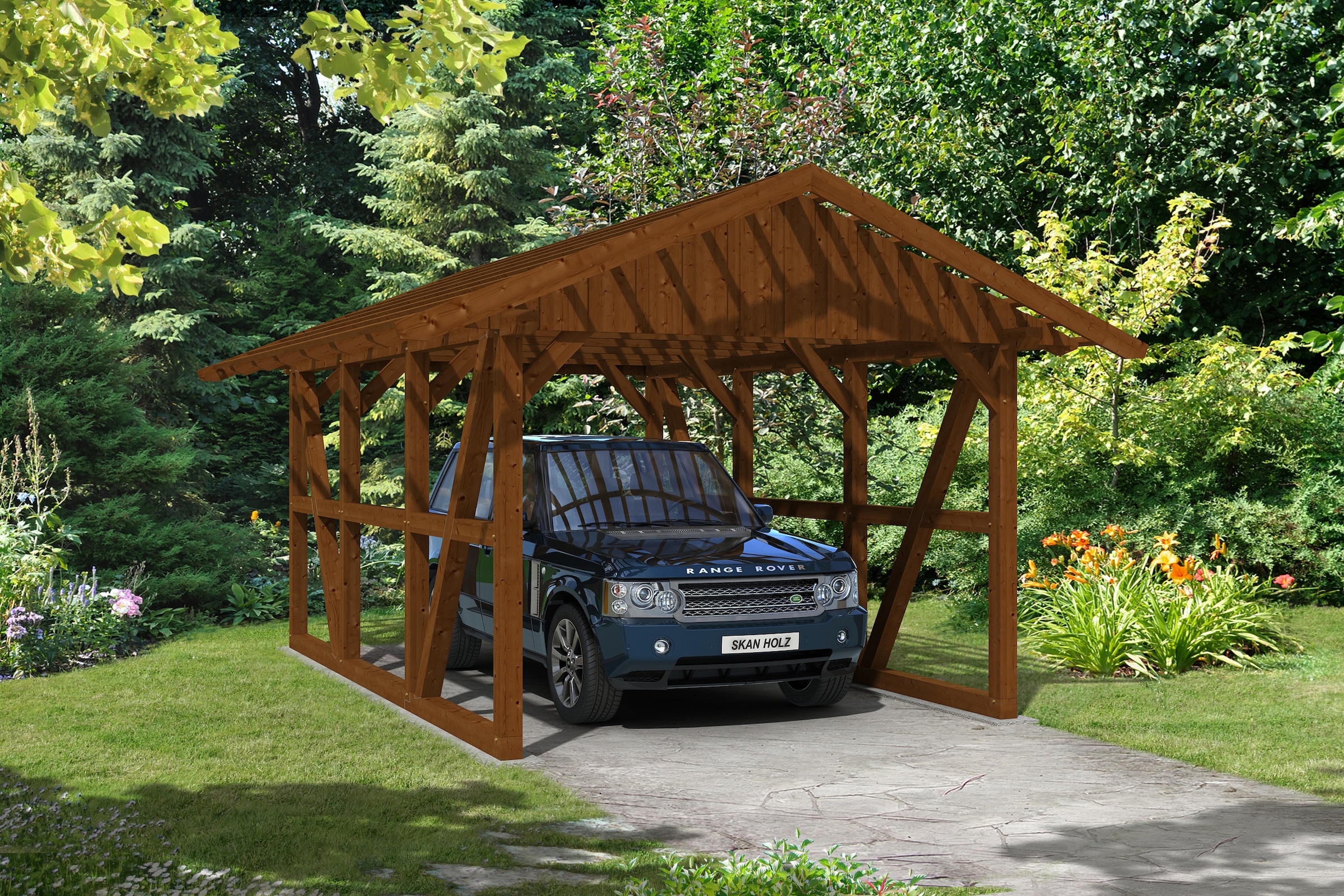 Skanholz Einzelcarport »Schwarzwald«, KVH-Fichte, 300 cm, Nussbaum, mit Dachlattung